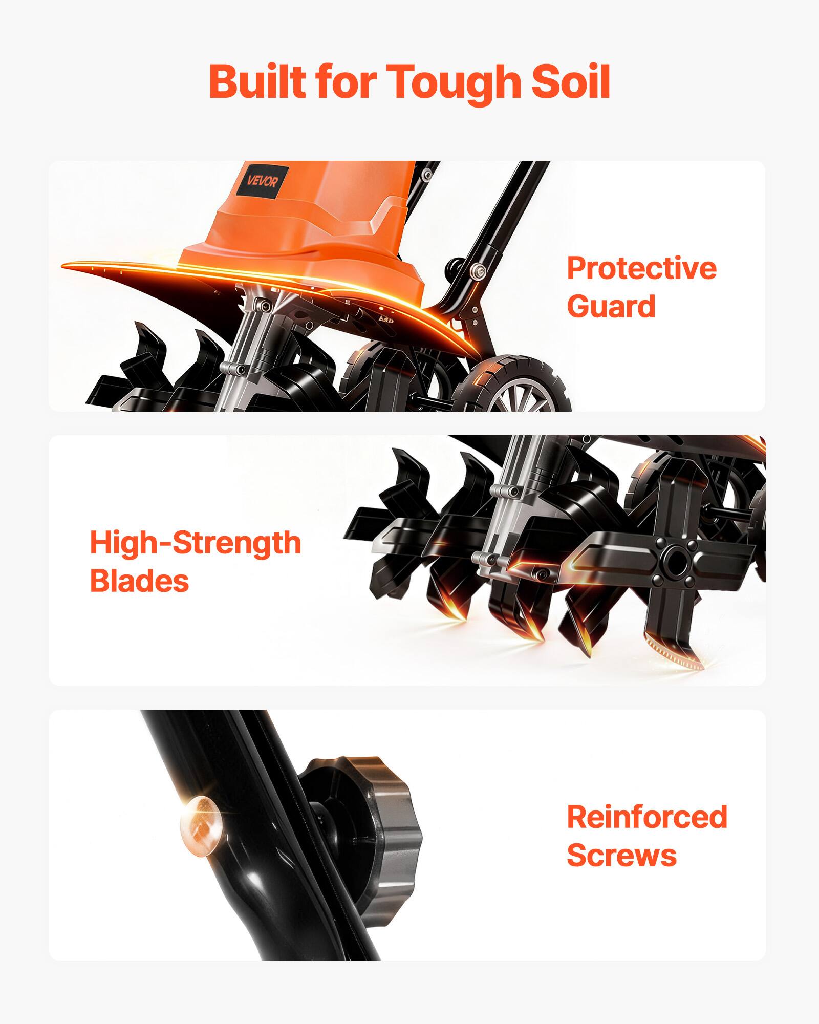 Built for Tough Soil

- Protective Guard
- High-Strength Blades
- Reinforced Screws