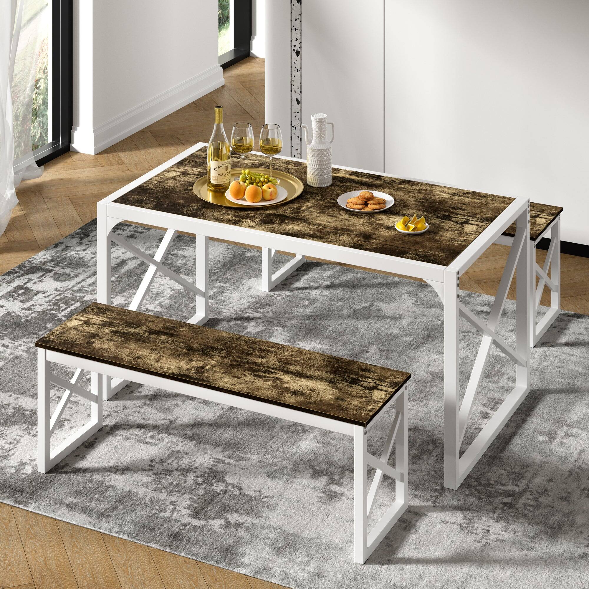 Back. Vecelo - Dining Set: 55" Table & 2 Benches - Space Saving Design, Easy Assembly, Metal Frame, 4-Person Family Dining - Dark Brown.