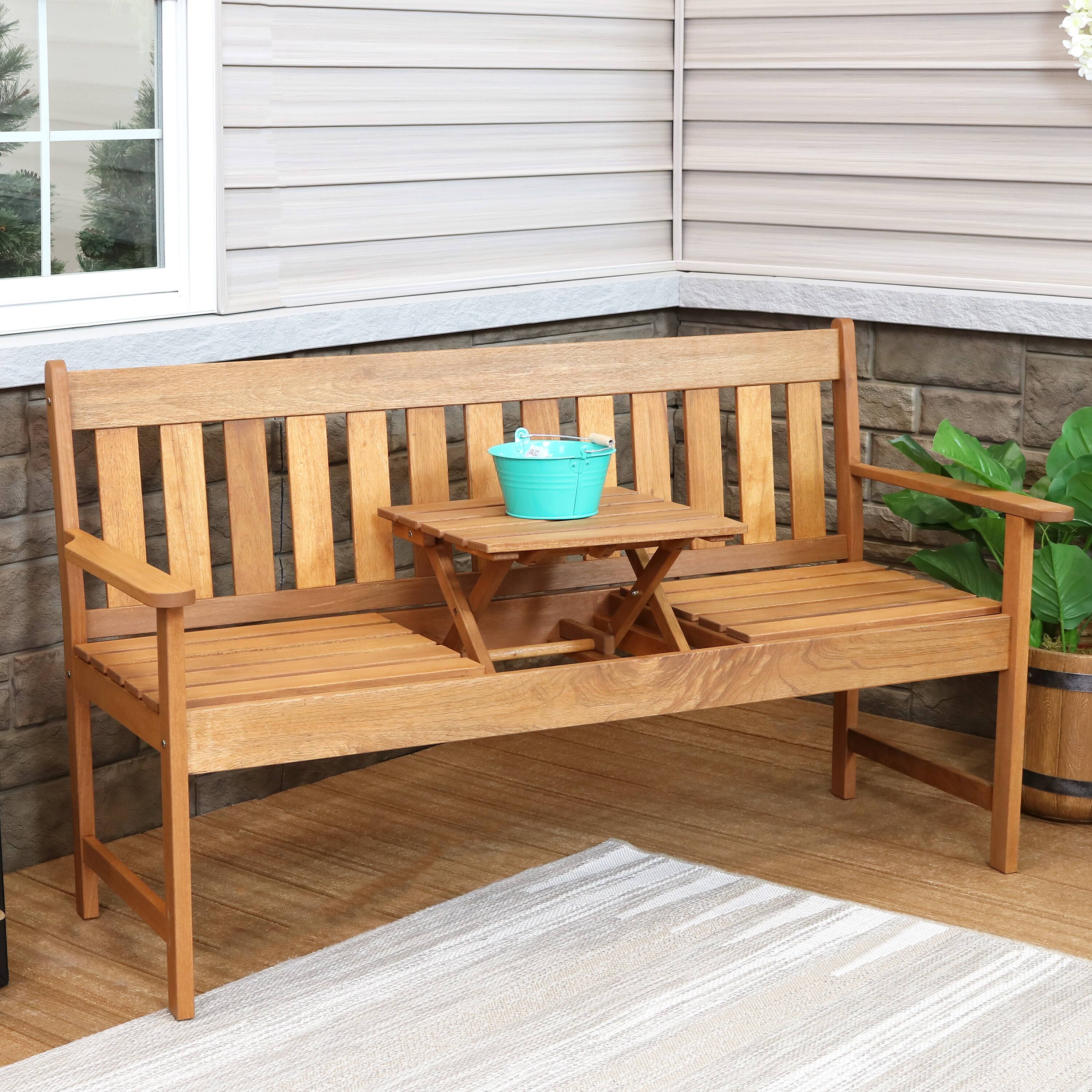 Alt View 4. Sunnydaze - 2-Person Meranti Wood Outdoor Bench with Pop-Up Table - Brown.