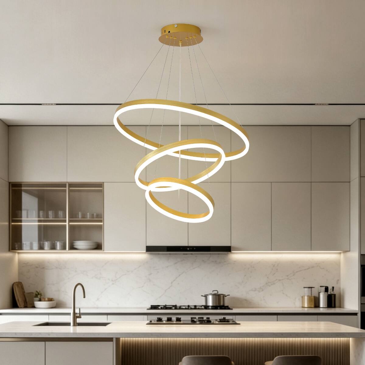 Alt View 3. Loheer - Loheer Modern Gold Three Ring LED Chandelier Dimmable Adjustable Pendant Light.