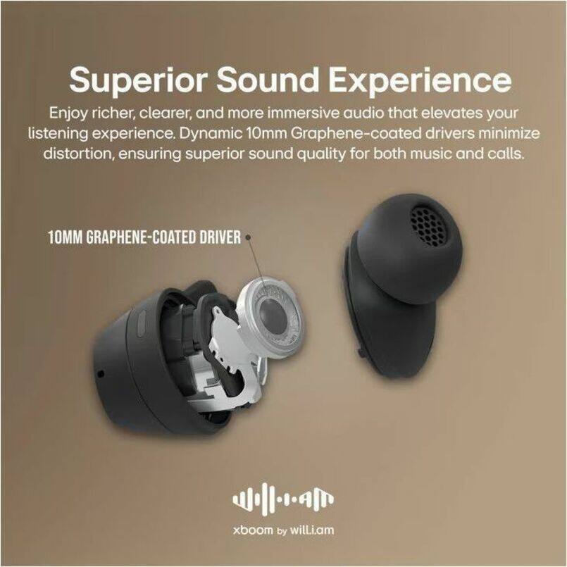 Superior Sound Experience  
Enjoy richer, clearer, and more immersive audio that elevates your listening experience. Dynamic 10mm Graphene-coated drivers minimize distortion, ensuring superior sound quality for both music and calls.  

10MM GRAPHENE-COATED DRIVER  

xboom by will.i.am