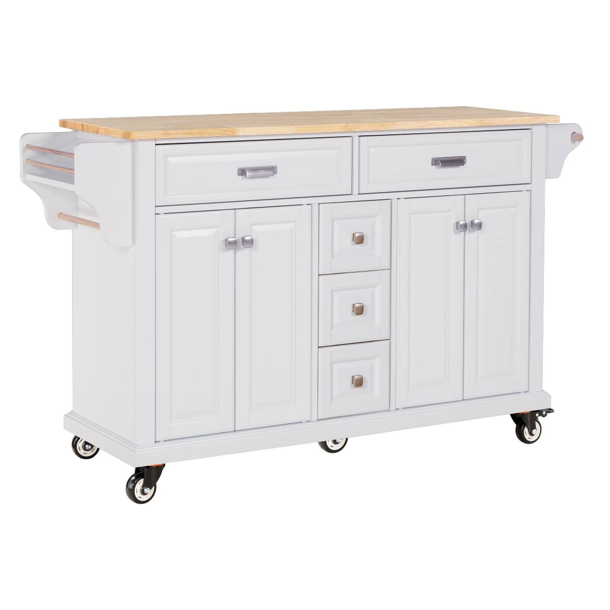 Alt View 2. Loheer - Loheer White Kitchen Island with Wheels Rubberwood Countertop Kitchen Cart - White.