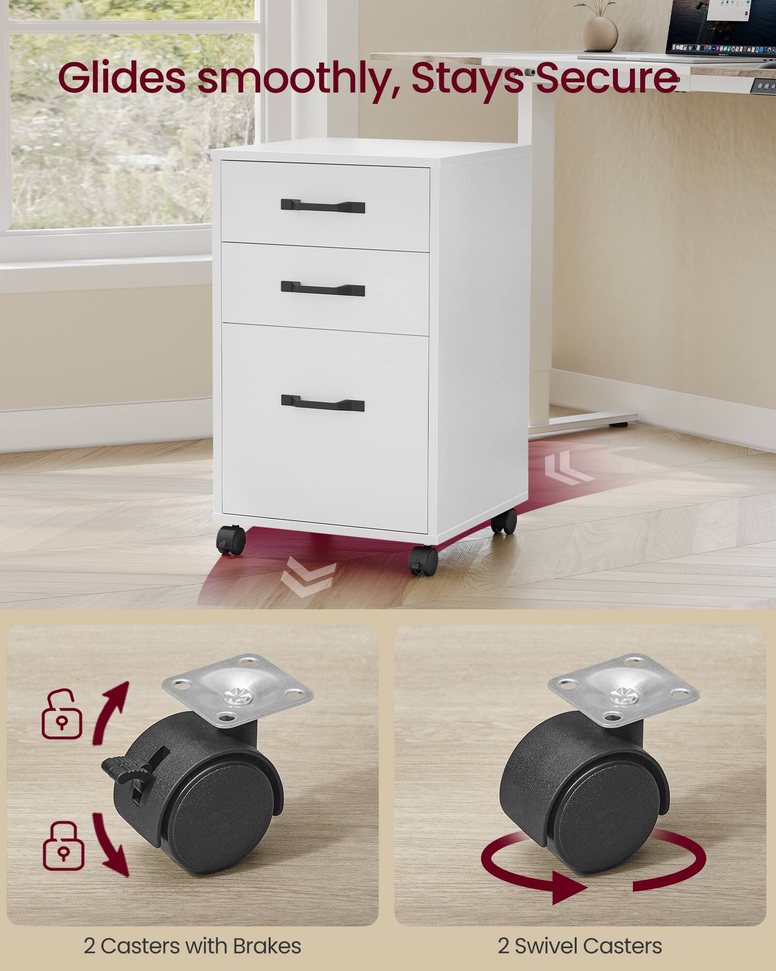 OPCES R2010 Glides smoothly, Stays Secure  
9 9 2 Casters with Brakes  
2 Swivel Casters