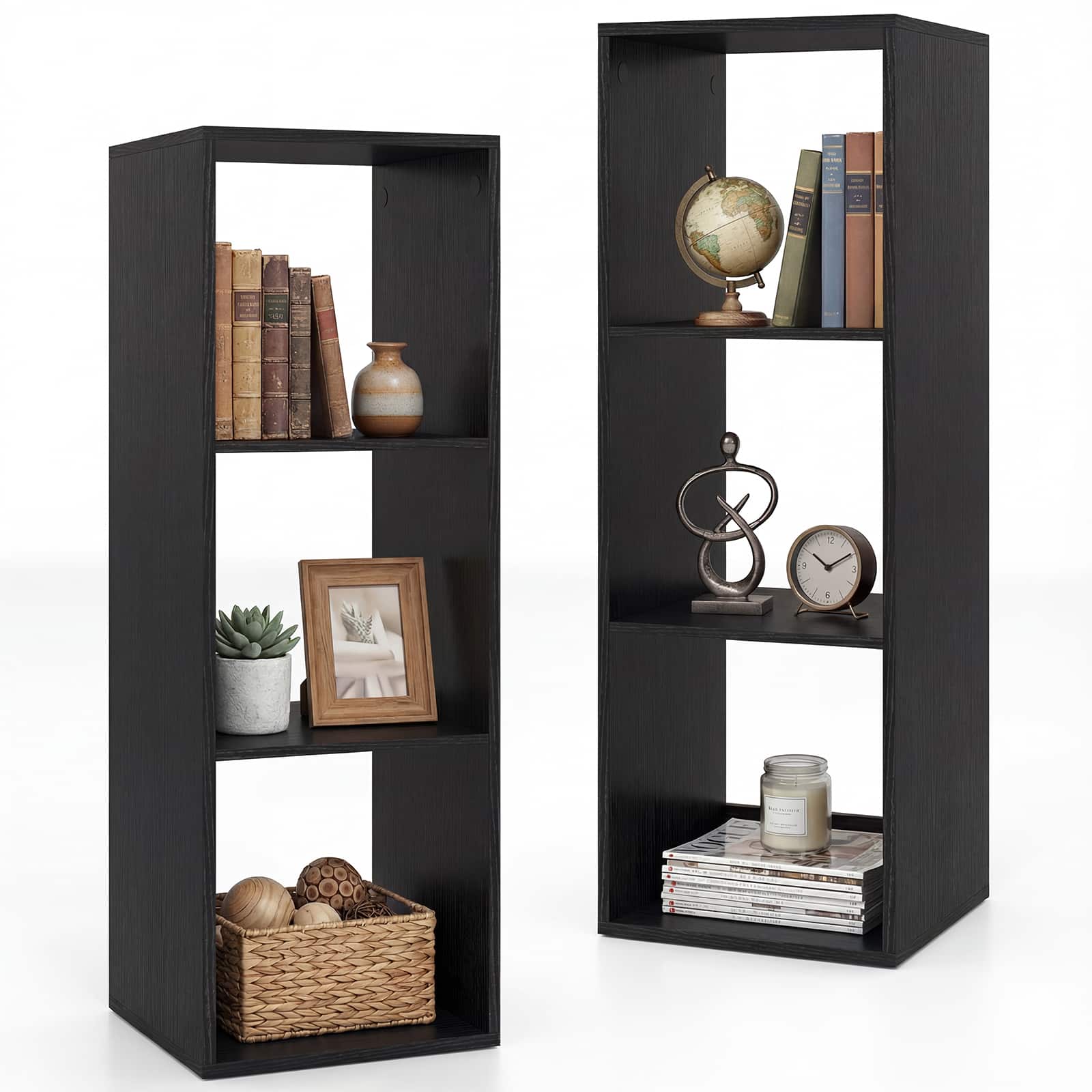 Gymax - 3-Cube Open Back Bookcase Set of 2 w/ Anti-tip Kit Modern Style Organizer - Black