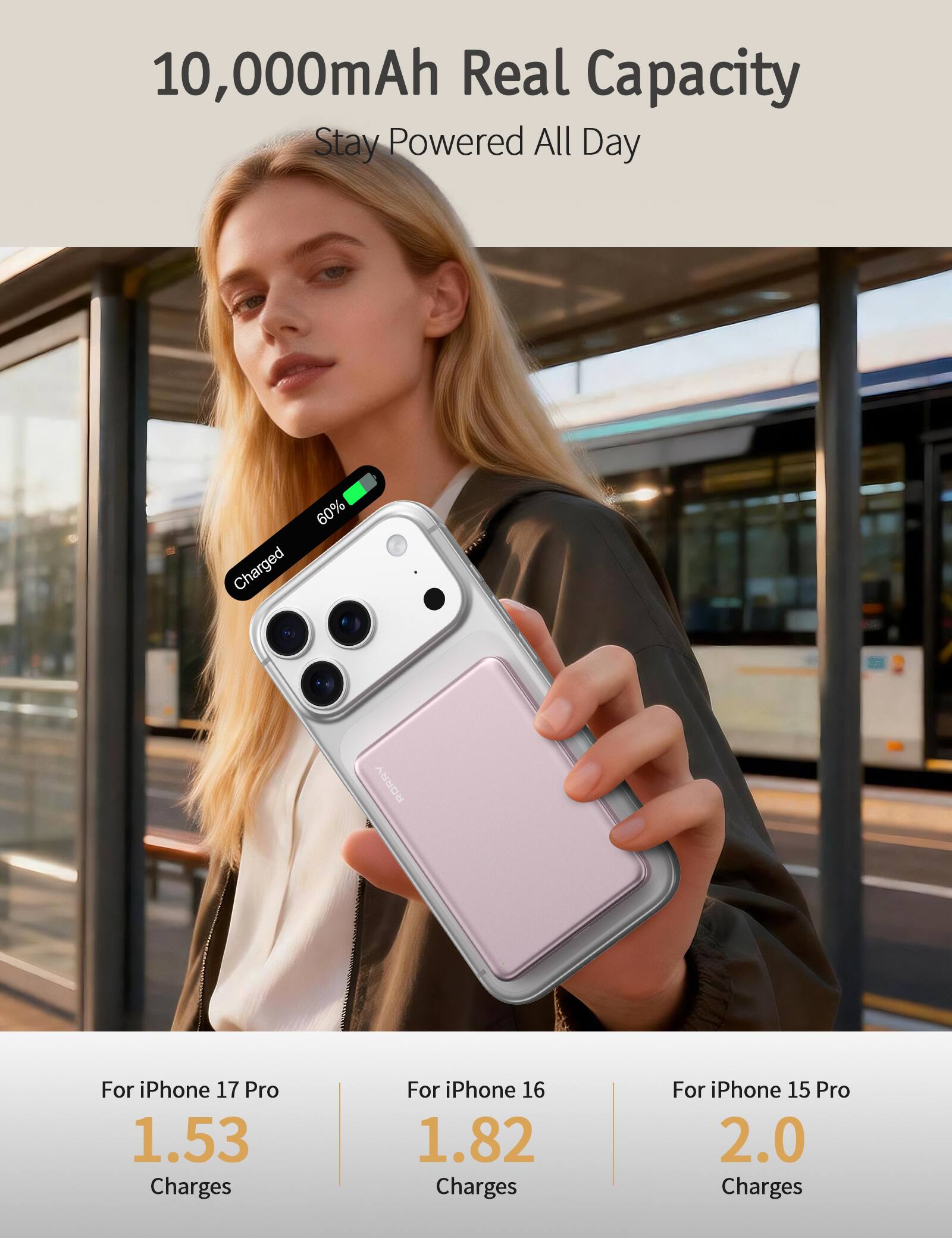 10,000mAh Real Capacity Stay Powered All Day

60% Charged

For iPhone 17 Pro 1.53 Charges
For iPhone 16 1.82 Charges
For iPhone 15 Pro 2.0 Charges