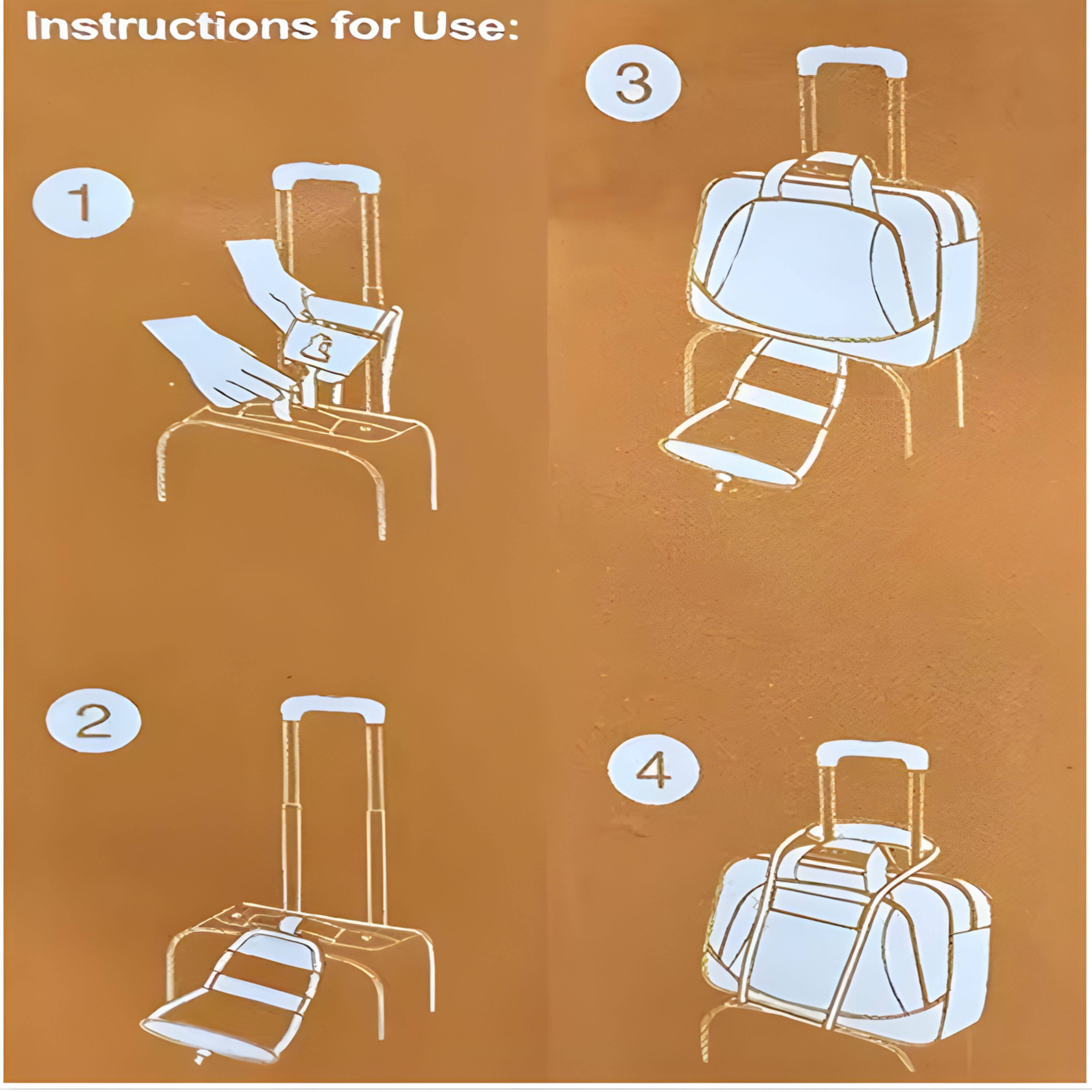 Instructions for Use:

1. Insert the key into the lock.
2. Remove the suitcase from the stand.
3. Place the suitcase on the ground.
4. Close the suitcase.