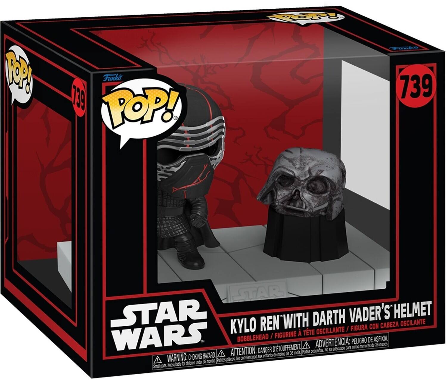 Sure, here is the corrected and grouped text from the image:

---

**Funko POP!**

**739**

**STAR WARS**

**KYOLO REN WITH DARTH VADER'S HELMET**

**BOBBLEHEAD / FIGURINE A TÊTE OSCILLANTE / FIGURA CON CABEZA OSCILANTE**

**ADVERTENCIA: PELIGRO DE ASFIXIA. No es A de 36 meses.**

**ATTENTION: DANGER D'ÉTOUFFEMENT. Ne convient pas aux enfants de moins de 36 mois.**

**WARNING: CHOKING HAZARD - Small parts. Not for children under 36 months.**

---

This text is organized to reflect the information on the packaging accurately.