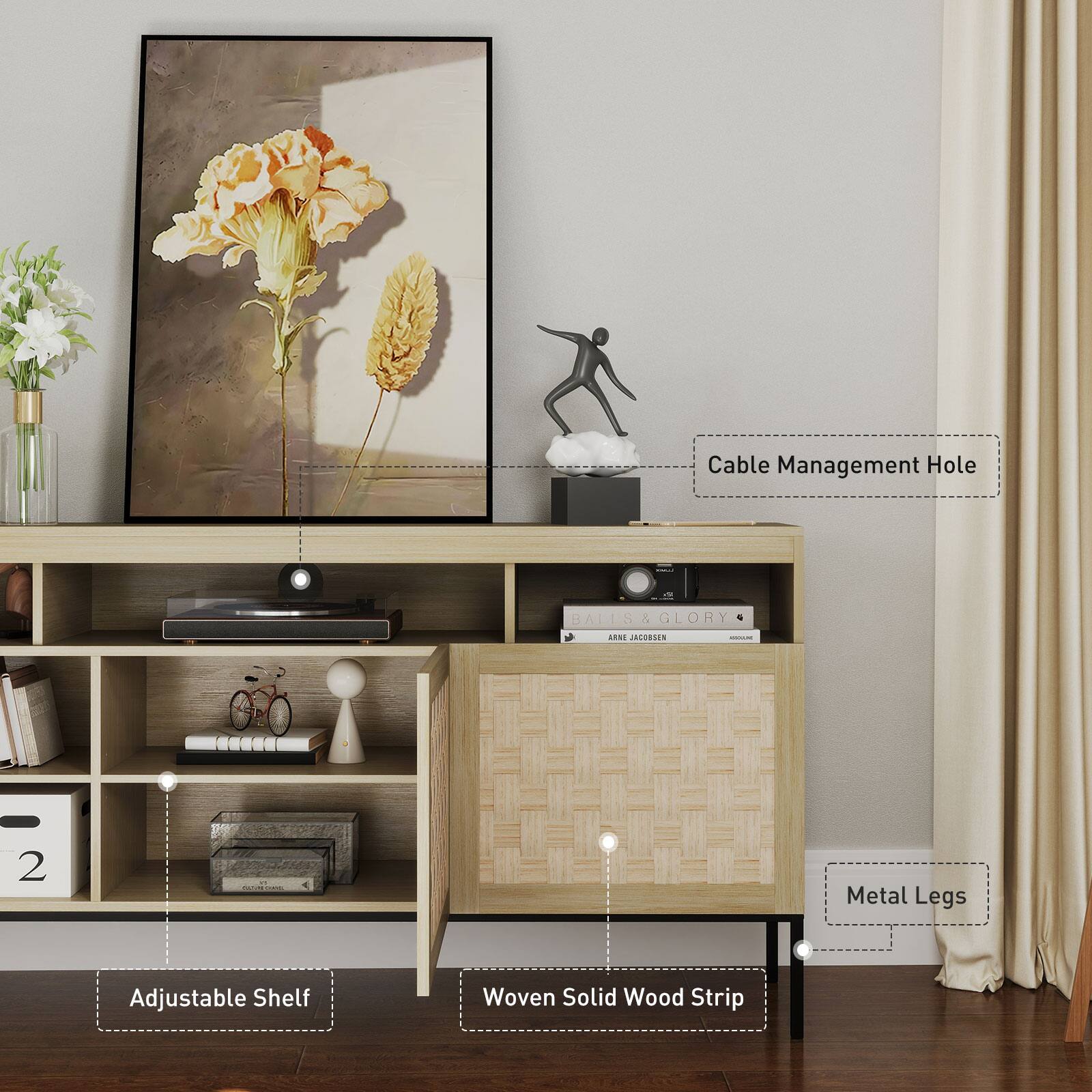 Cable Management Hole  
BALLS & GLORY  
JACOBSEN - E  
2 Metal Legs  
Adjustable Shelf  
Woven Solid Wood Strip