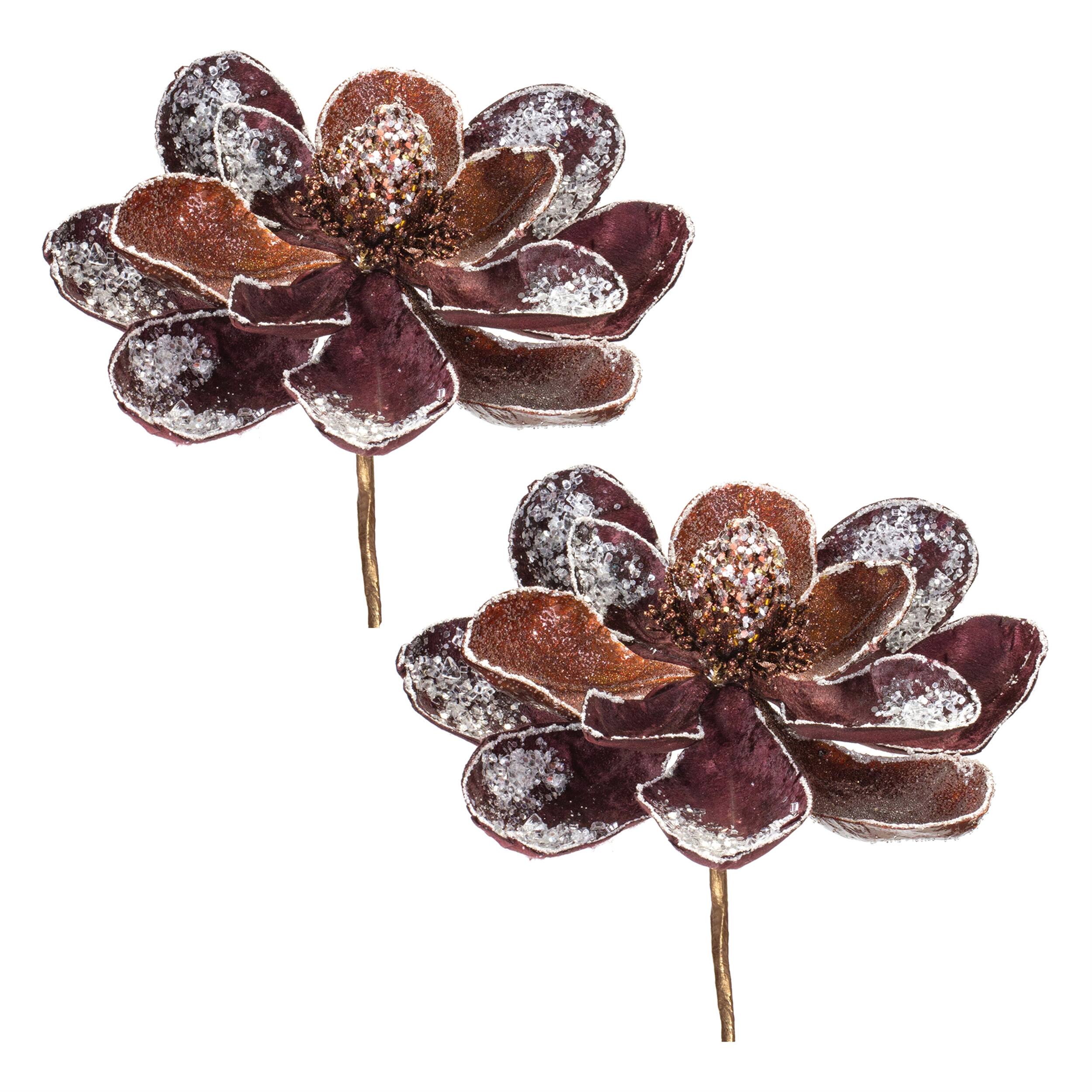 Left. BreeBe - Glittered Magnolia Flower Stem (Set of 2) - Brown, Silver.