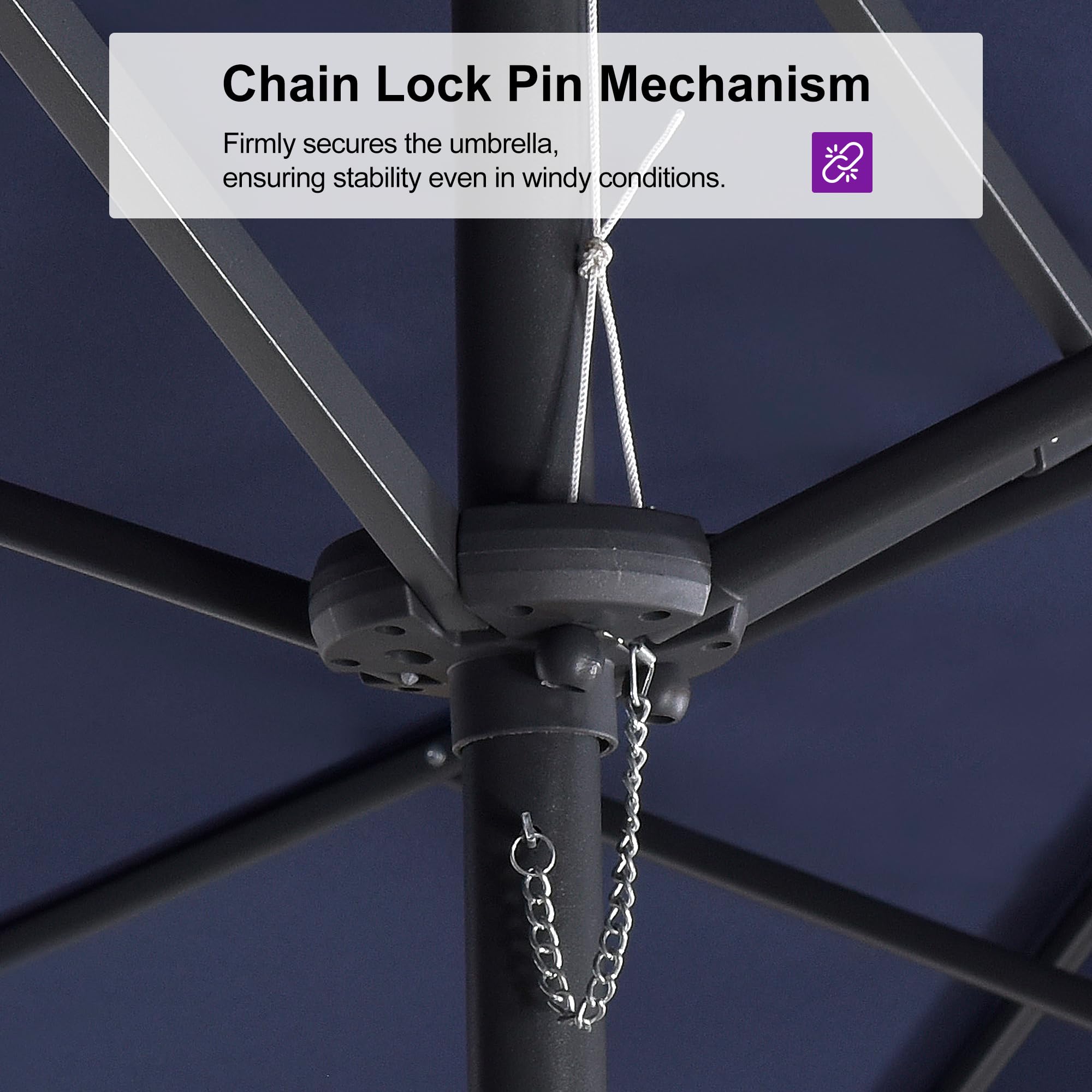 Chain Lock Pin Mechanism  
Firmly secures the umbrella, ensuring stability even in windy conditions.