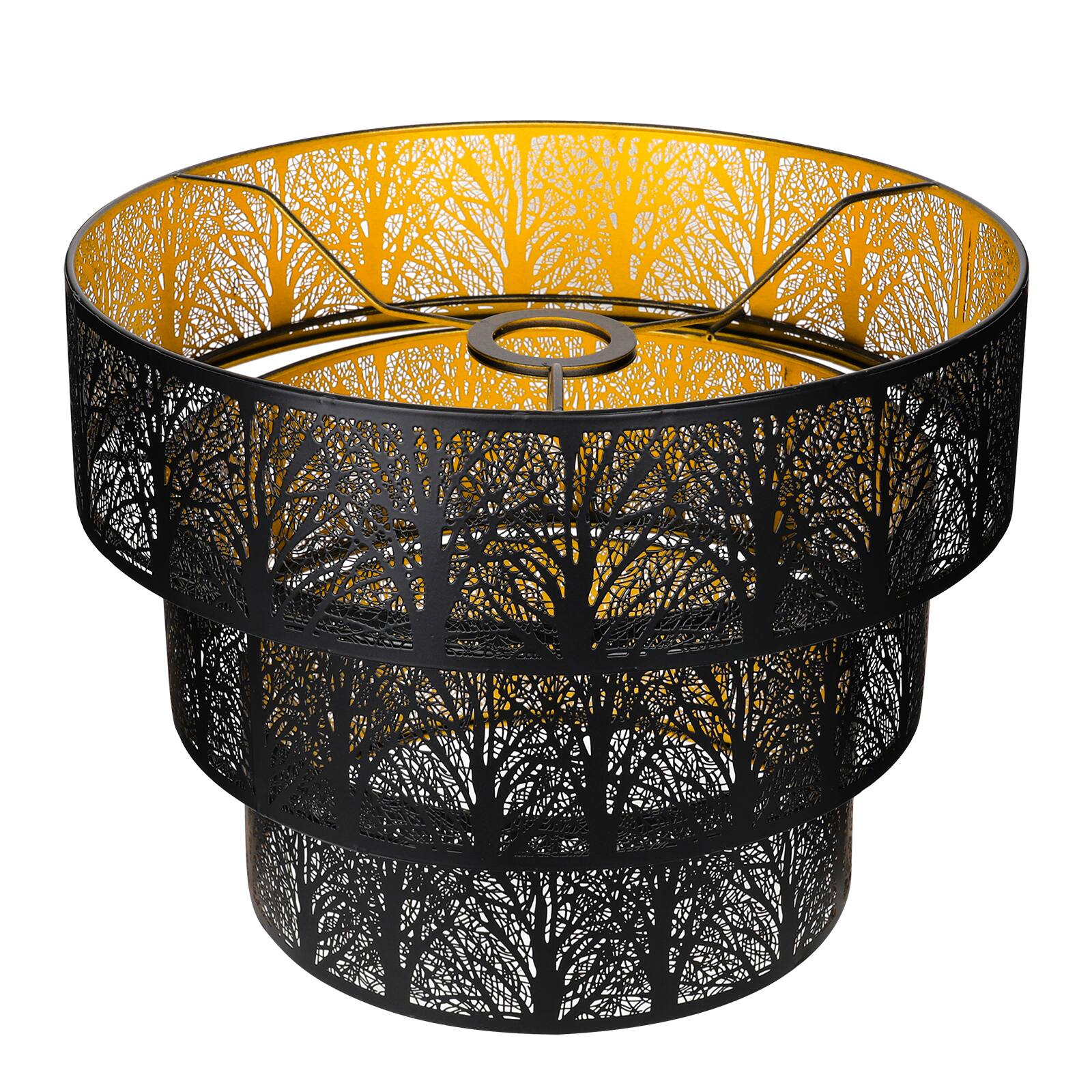 Front. Alucset - Metal Lamp Shades for Floor Lamps Pendant Lighting Chandelier Replacement, 3-Tier Drum Metal Lampshade with Forest Tree - Black & Gold.