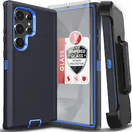Kitcheniva - Belt Clip Kickstand Phone Case Plus Tempered Glass For Samsung Galaxy S23 Plus Navy - Navy Blue