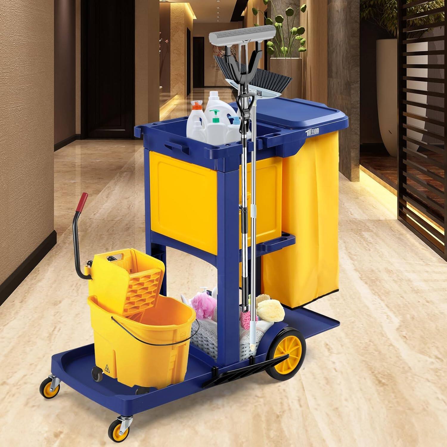 Left. Winado - Heavy Duty Janitorial Cart 3-Shelf Commercial Cleaning Cart with Key-Locking Cabinet, Hooks for Hanging Mop and Wheels - Blue & Yellow.