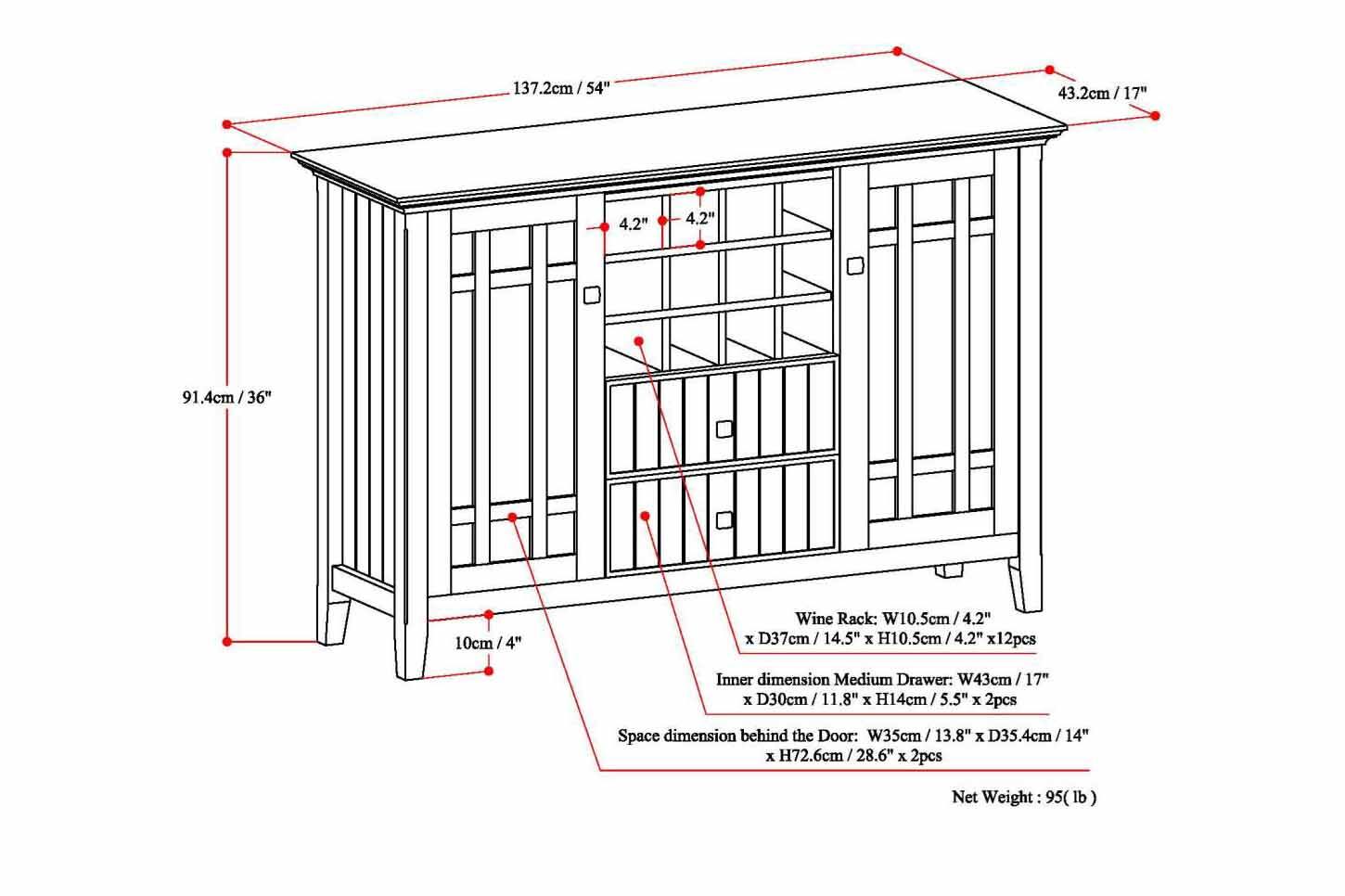 The text on the image is grouped and corrected as follows:

1. 137.2cm / 54" / 54"
2. 43.2cm/17"
3. 4.2"
4. 4.2"
5. 91.4cm/36"
6. 36"
7. 10cm/4"
8. Wine Rack: W10.5cm/ 4.2" x D37cm / 14.5" x H10.5cm/4.2"
9. 4.2" x 12pcs
10. Inner dimension
11. Medium Drawer: W43cm/ 17" x D30cm / 11.8" x H14cm / 5.5" x 2pcs
12. Space dimension behind the Door: W35cm/ 13.8" x D35.4cm / 14" x H72.6cm/28.6" x 2pcs
13. Net Weight: 95 lb