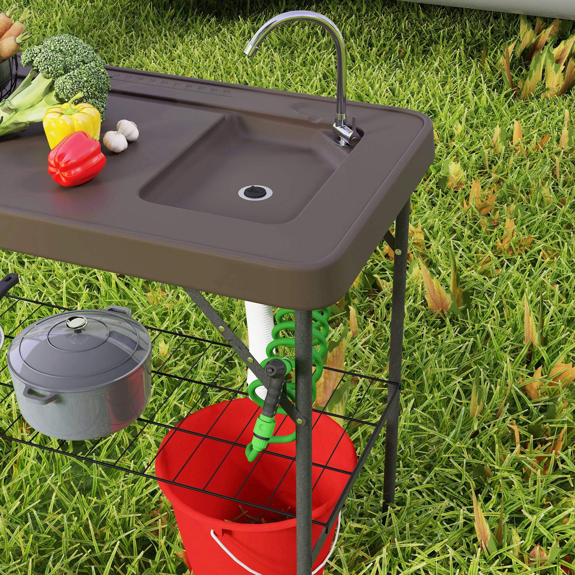 Alt View 8. Outsunny - Folding Fish Cleaning Table with Sink, Portable Camping Sink Station with Faucet, Drainage Hose, Sprayer - Tan.