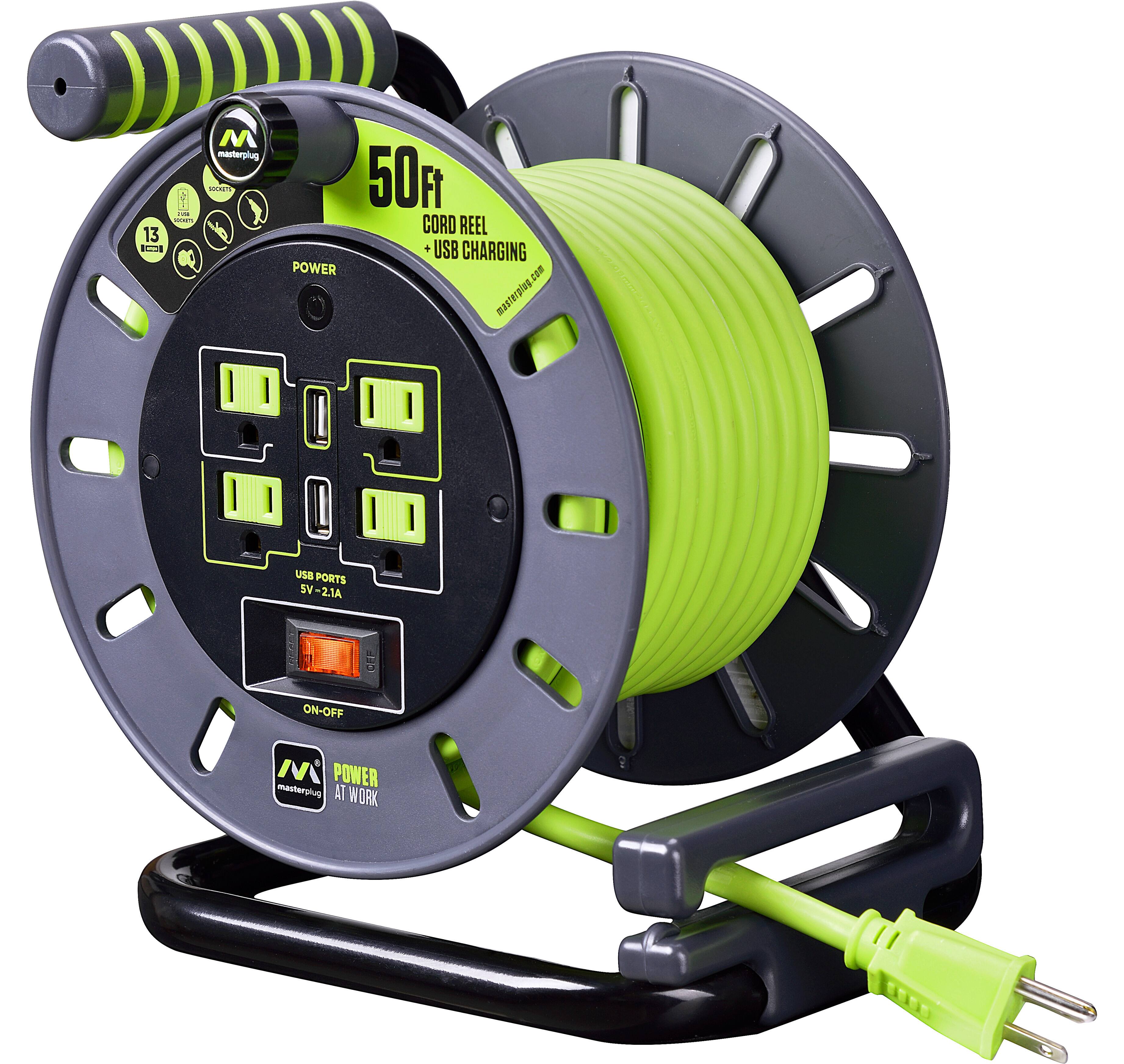Alt View 11. Masterplug - 50Ft 4 Sockets 13A 14AWG Medium Open Reel with USB Charging - Green & Grey.