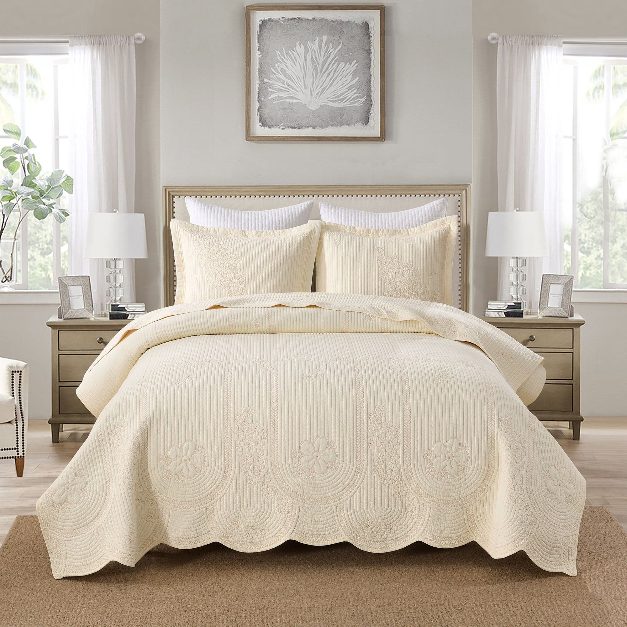 MarCielo - 3 Pcs 100% Cotton Embroidered Bedspread Set with Floral Stitching with Scalloped Edge - Beige