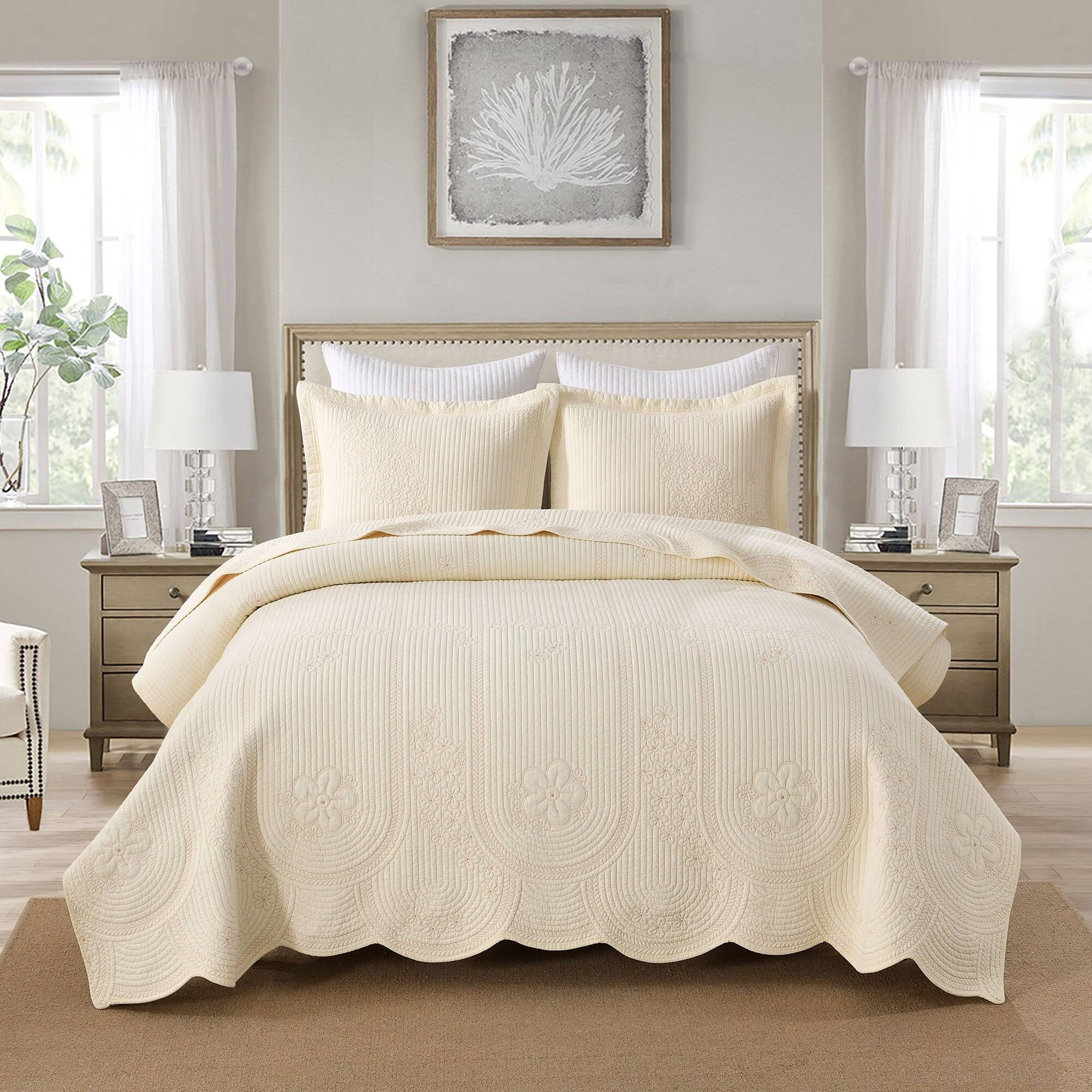 Front. MarCielo - Marcielo 3 Pcs 100% Cotton Embroidered Bedspread Set with Floral Stitching with Scalloped Edge - Beige.