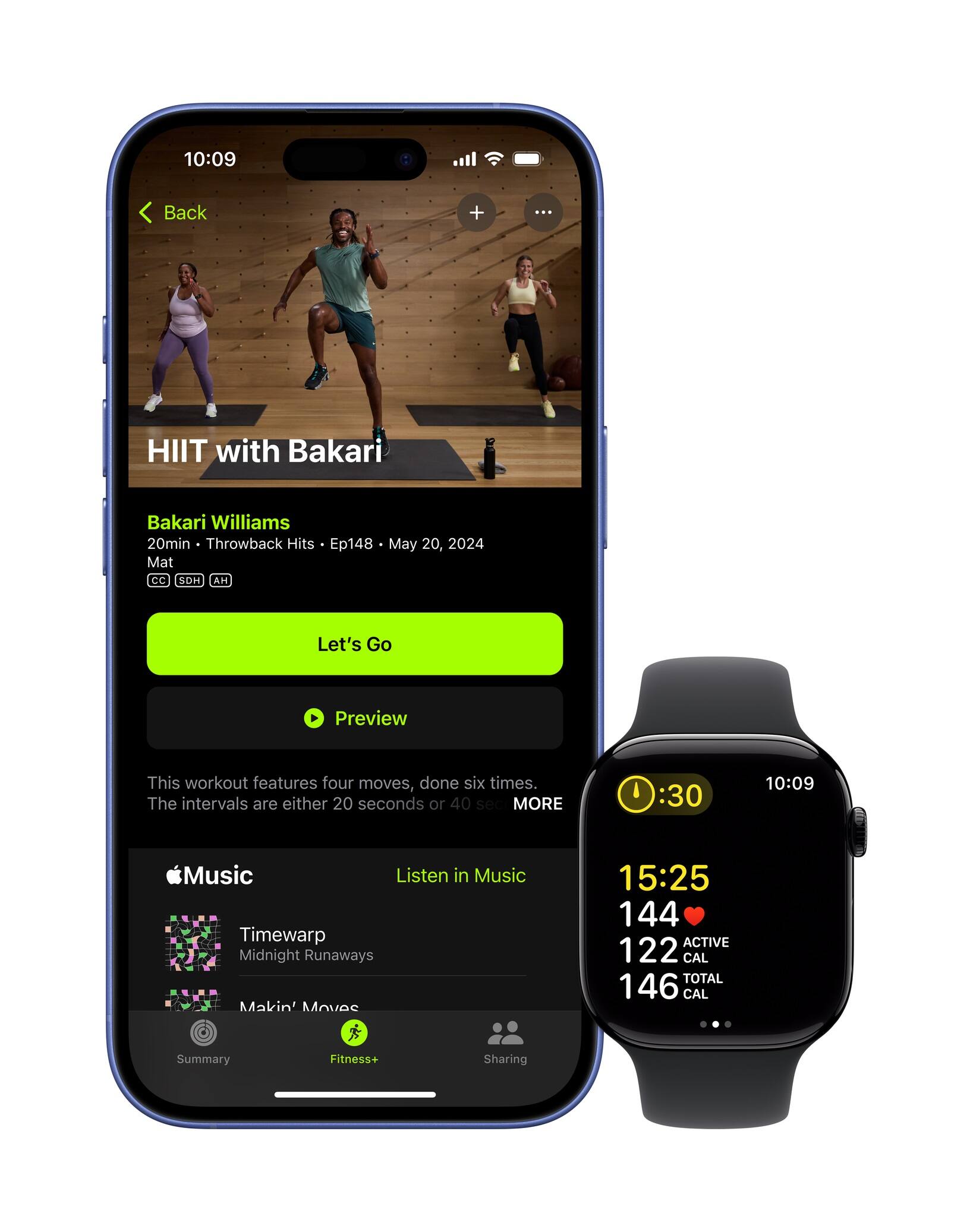 The text on the image is grouped and corrected as follows:

10:09 Back + ... HIIT with Bakari Bakari Williams 20min Throwback Hits Ep148 May 20, 2024 Mat CC SOH AH Let's Go Preview This workout features four moves, done six times. The intervals are either 20 seconds or 40 sec MORE I :30 10:09 Music Listen in Music Timewarp Midnight Runaways Makin' Moves 15:25 144 ACTIVE 122 CAL TOTAL 146 CAL Summary Fitness+ Sharing