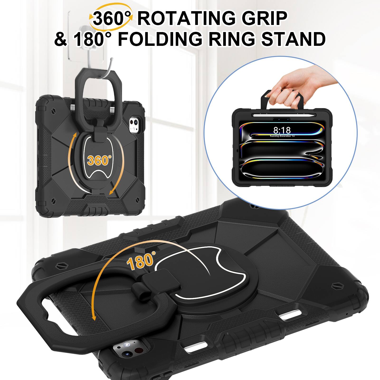 360° Rotating Grip & 180° Folding Ring Stand
