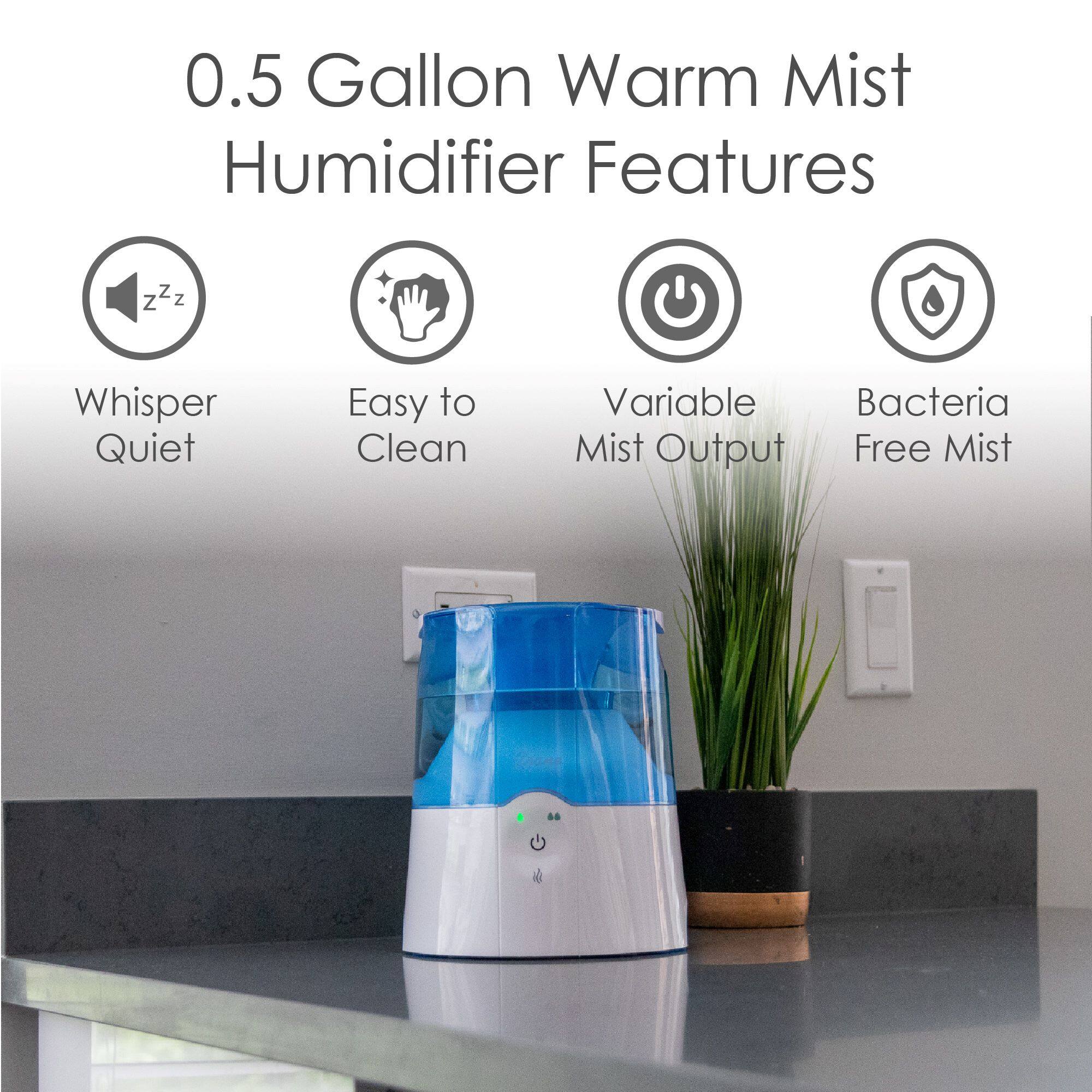0.5 Gallon Warm Mist Humidifier Features

- Whisper Quiet
- Easy to Clean
- Variable Mist Output
- Bacteria Free Mist