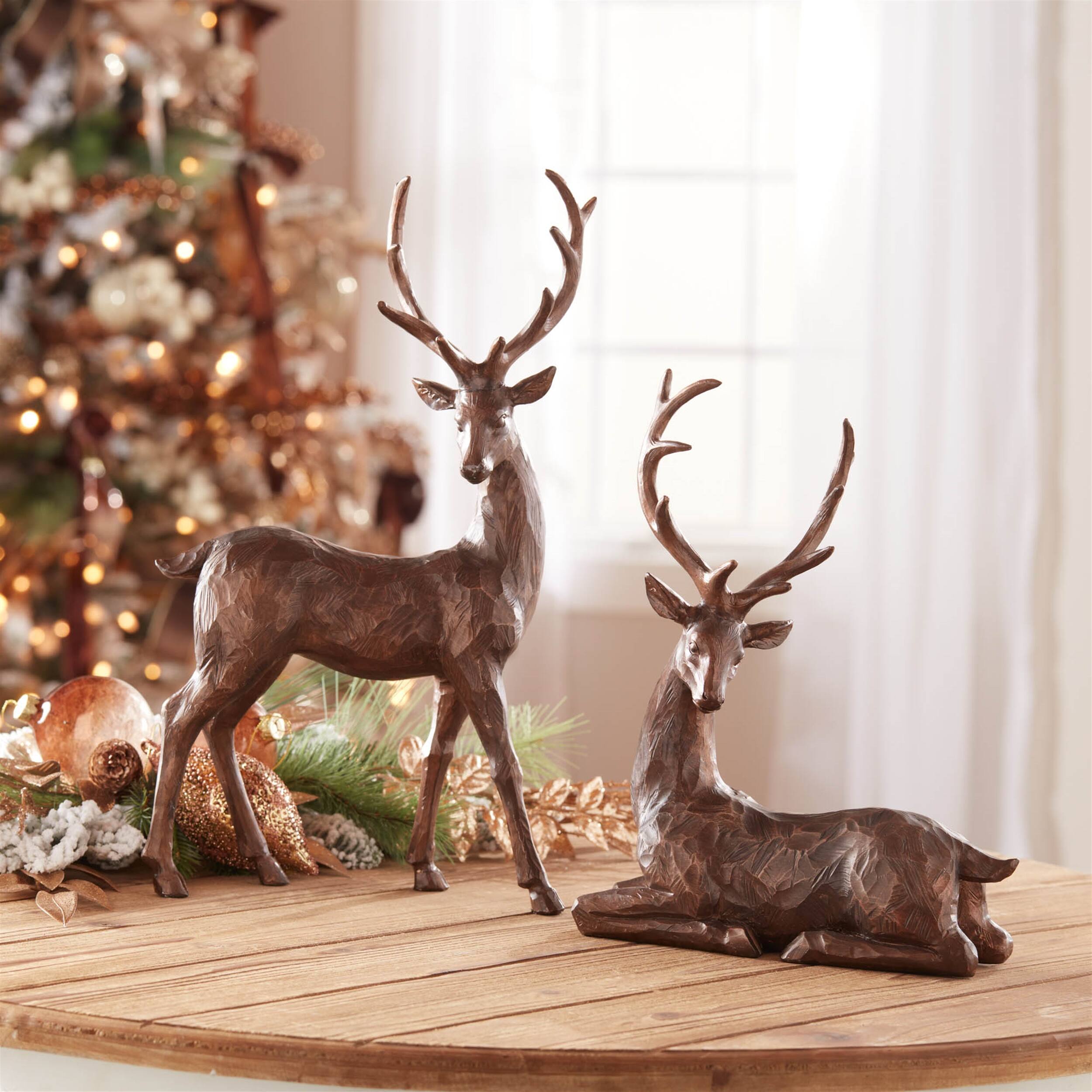 Angle. BreeBe - Winter Deer Figurine (Set of 2) - Brown.
