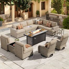 Ovios - 13 PCS Outdoor Patio Furniture Sectional Sofa Set with Swivel Chairs & 54“ Fire Pit Table - Beige