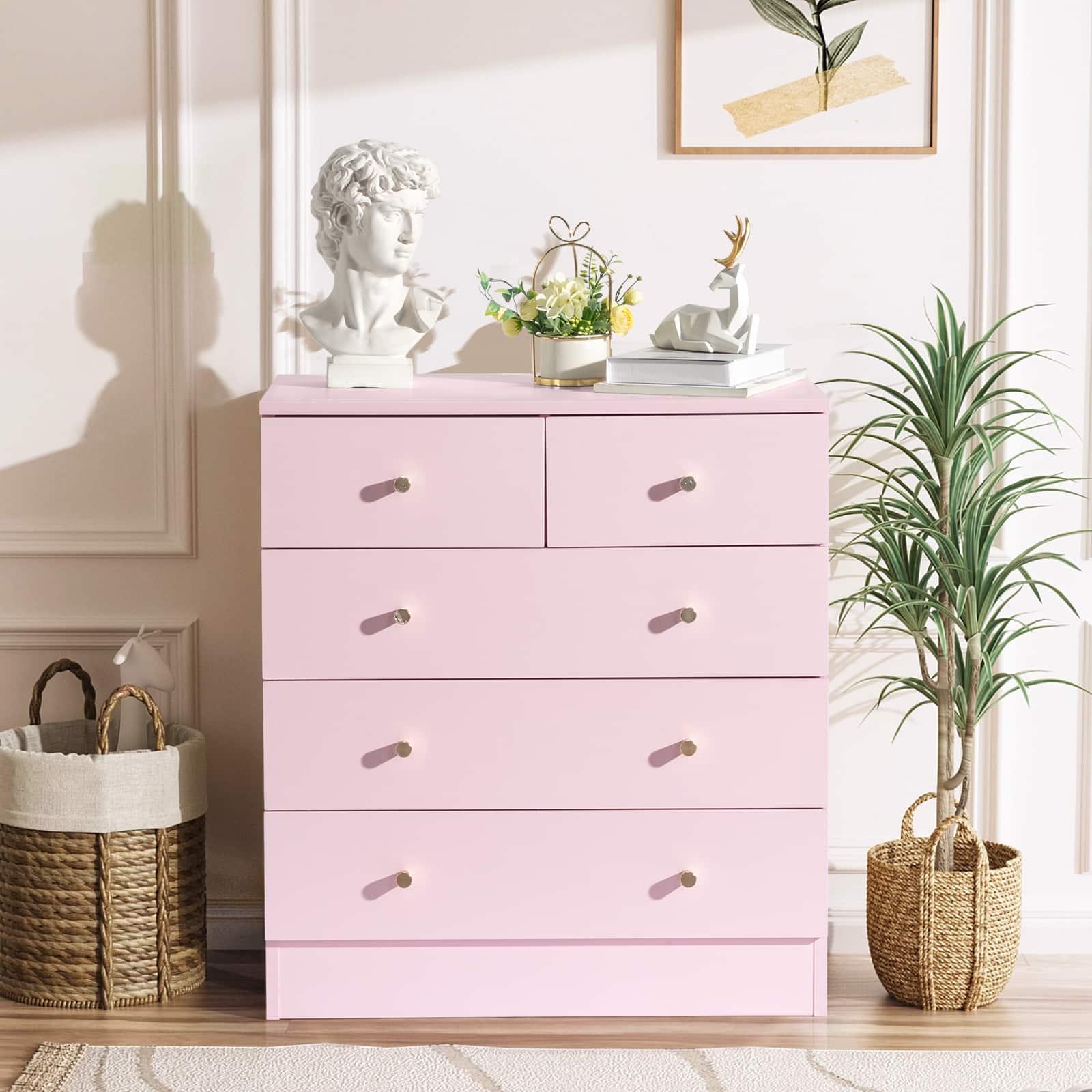 Kadyn - 5 Drawer Dresser with Gold Handle, Nursery Dresser Chest Of Drawers Organizer - Pink
