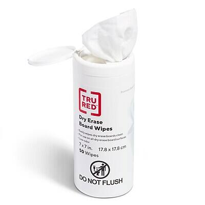 TRU RED Dry Erase Board Wipes  
Easily wipes dry erase boards clean  
All dry erase board surfaces  
7 x 7 in. (17.8 x 17.8 cm)  
50 Wipes  
DO NOT FLUSH