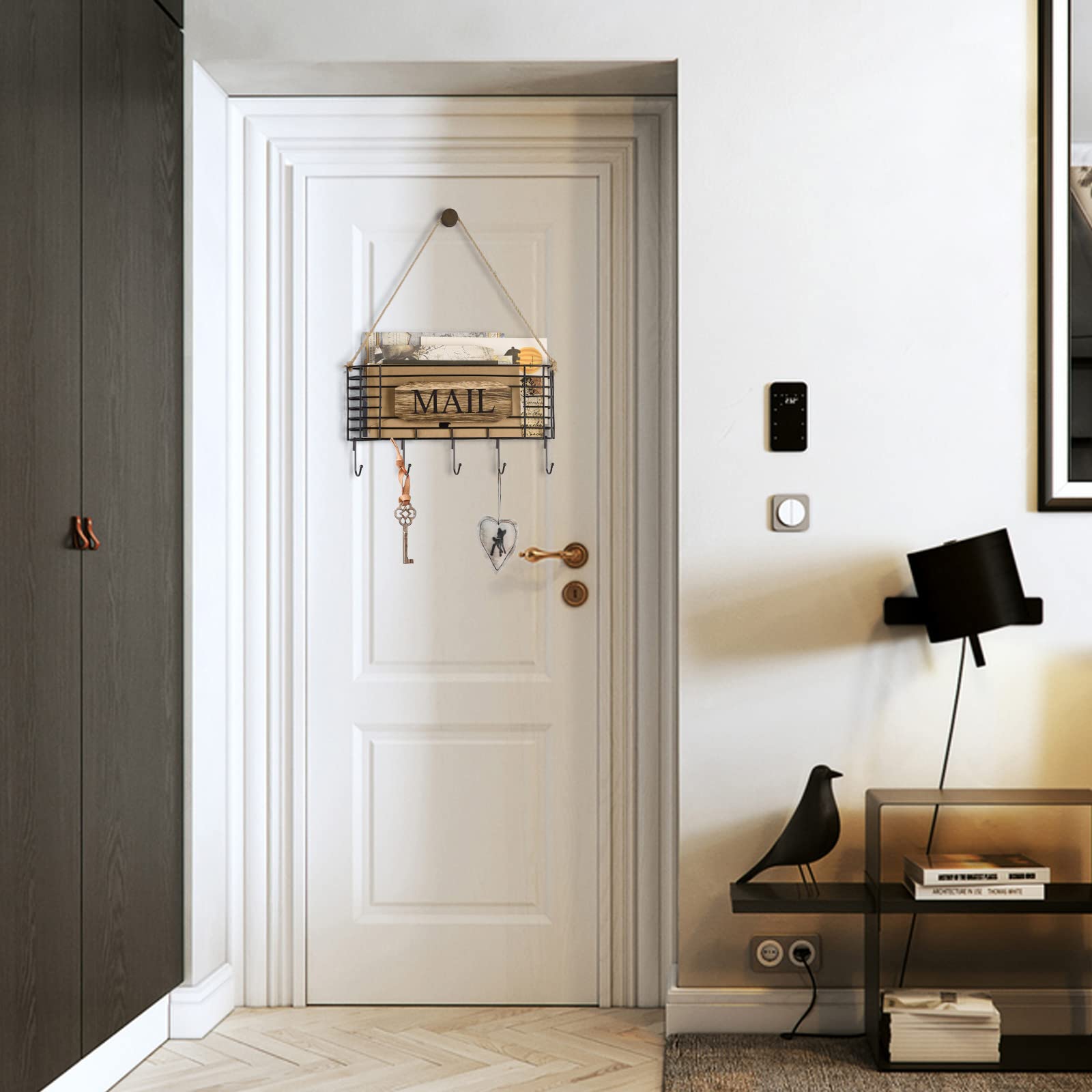 Alt View 7. Dapper Styles - Mail Holder Rustic Organizer Wall Mount Hanging Sorter Letter Basket With 5 Key For Carbonized - Weathered Grey-Large.