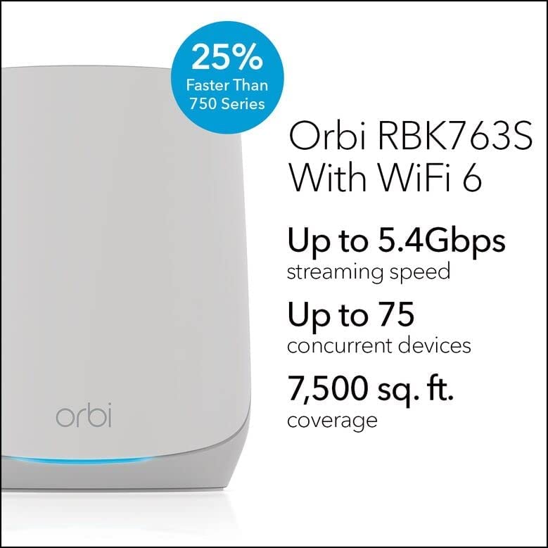 Orbi RBK763S with WiFi 6  
25% Faster Than 750 Series  
Up to 5.4Gbps streaming speed  
Up to 75 concurrent devices  
7,500 sq. ft. coverage