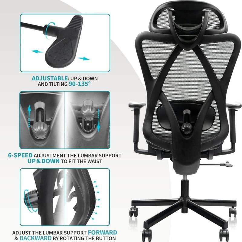 ADJUSTABLE: UP & DOWN AND TILTING 90-135°

6-SPEED ADJUSTMENT THE LUMBAR SUPPORT UP & DOWN TO FIT THE WAIST

ADJUST THE LUMBAR SUPPORT FORWARD & BACKWARD BY ROTATING THE BUTTON