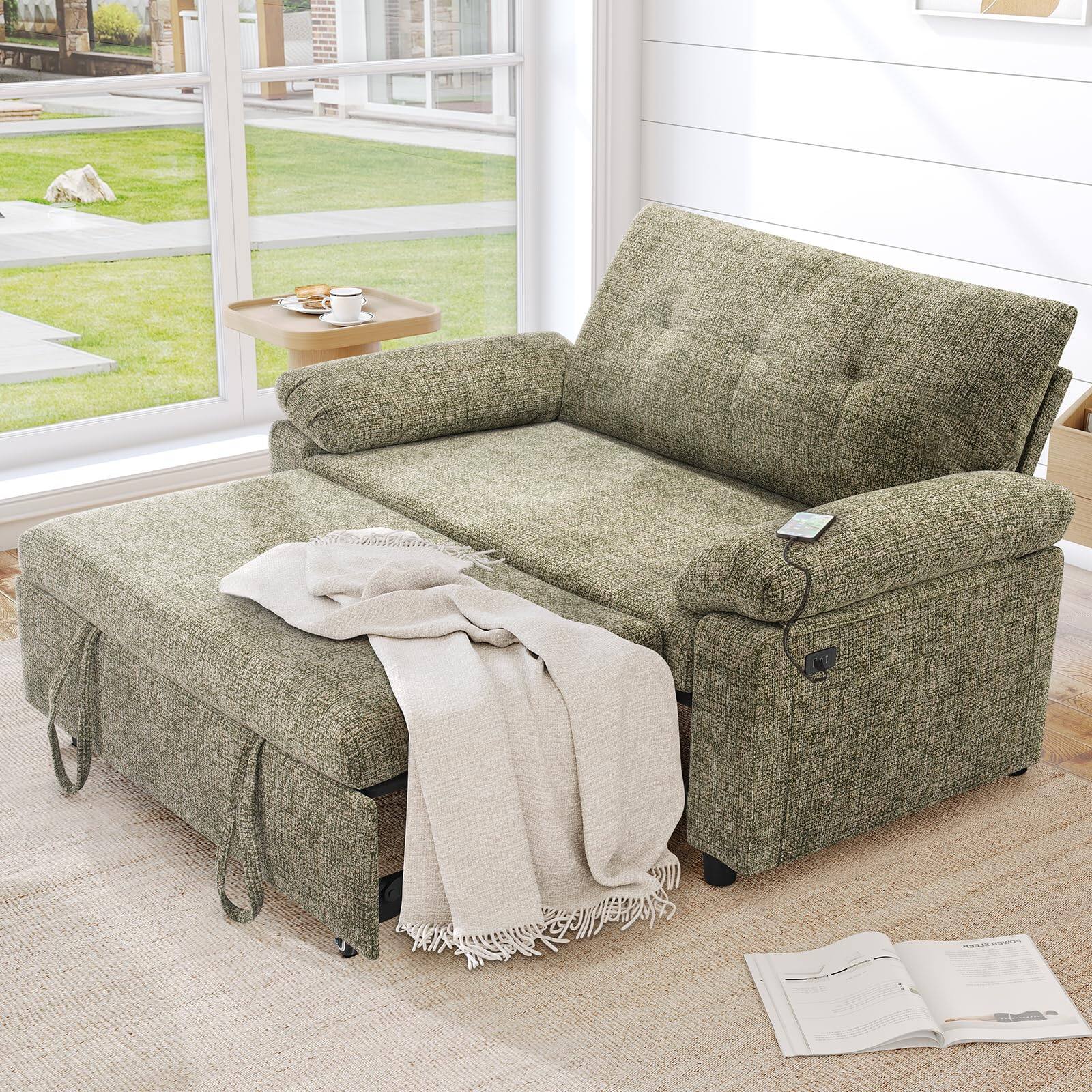 Front. Vipbear - Vipbear  3 in 1 Convertible Sleeper Sofa Bed, Pull Out Couch Bed with USB Ports, Reclining Backrest, Side Pockets - Green.