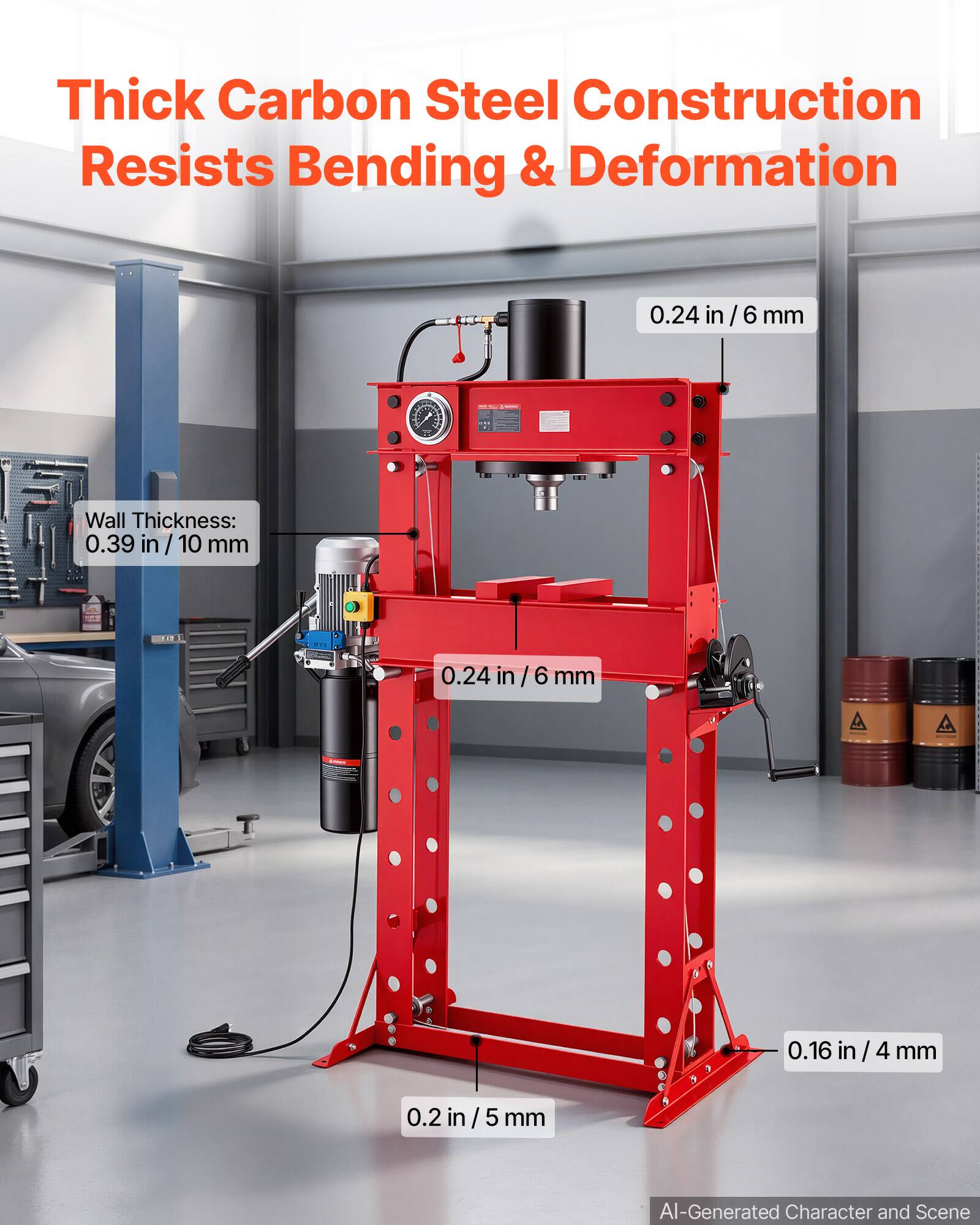Thick Carbon Steel Construction Resists Bending & Deformation

0.24 in / 6 mm

Wall Thickness: 0.39 in / 10 mm

0.24 in / 6 mm

0.16 in / 4 mm

0.2 in / 5 mm

AI-Generated Character and Scene