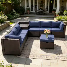 Ainfox - 8 PCS Outdoor Patio Rattan Sectional Storage Wicker Furniture Set with Ottoman & Side Box for Backyard Pool Deck - Navy Blue