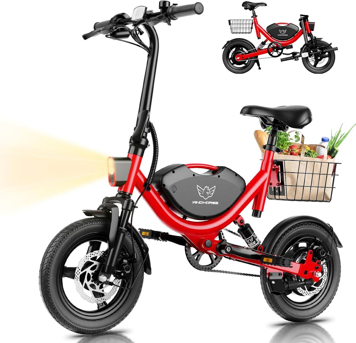Windhorse - W3 Electric Bike Lightweight Powerful Commuter with 450W Motor 40-Mile Max Range 18 MPH - Red