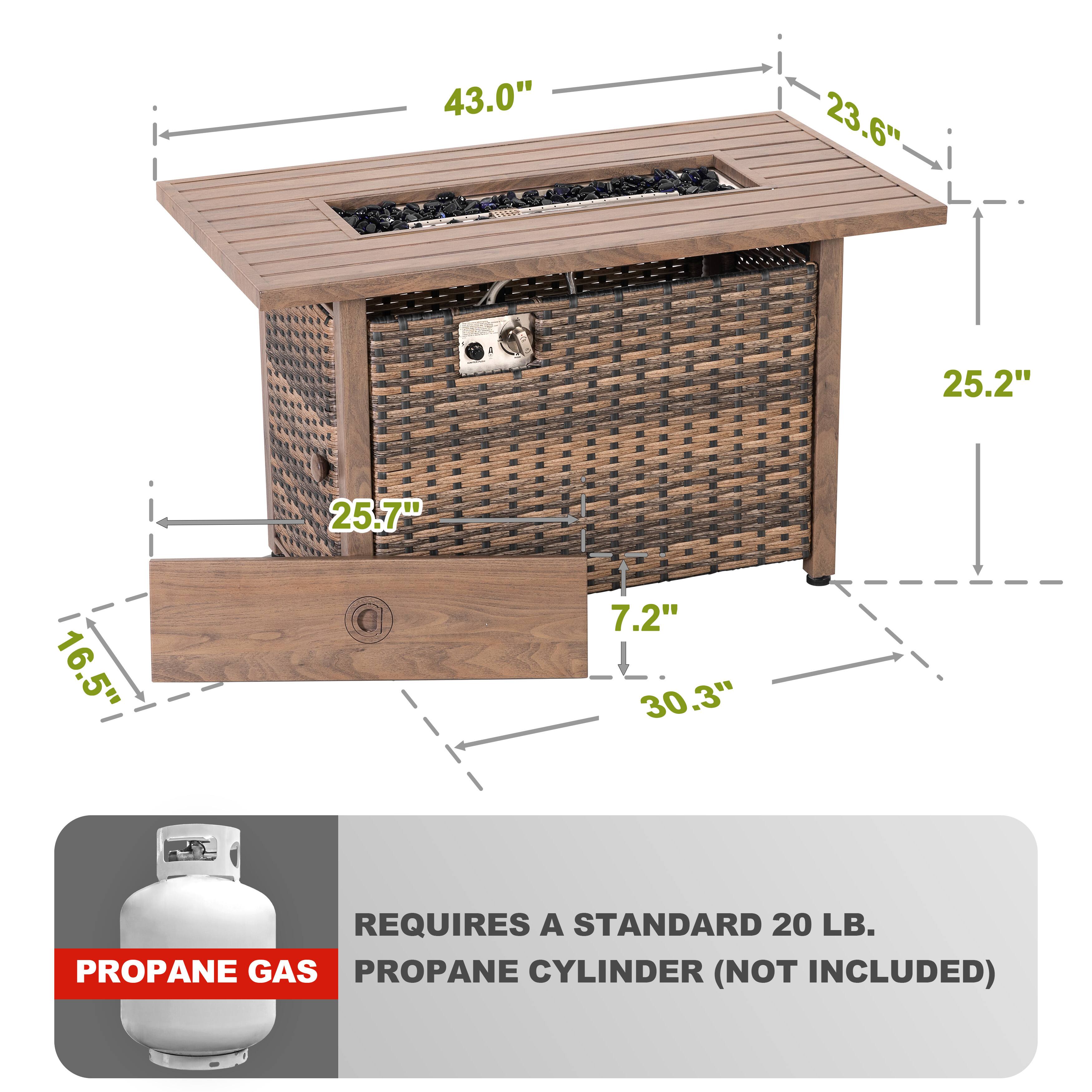 43.0"  
23.6"  
25.2"  
25.7"  
16.5"  
7.2"  
30.3"  

REQUIRES A STANDARD 20 LB. PROPANE GAS PROPANE CYLINDER (NOT INCLUDED)
