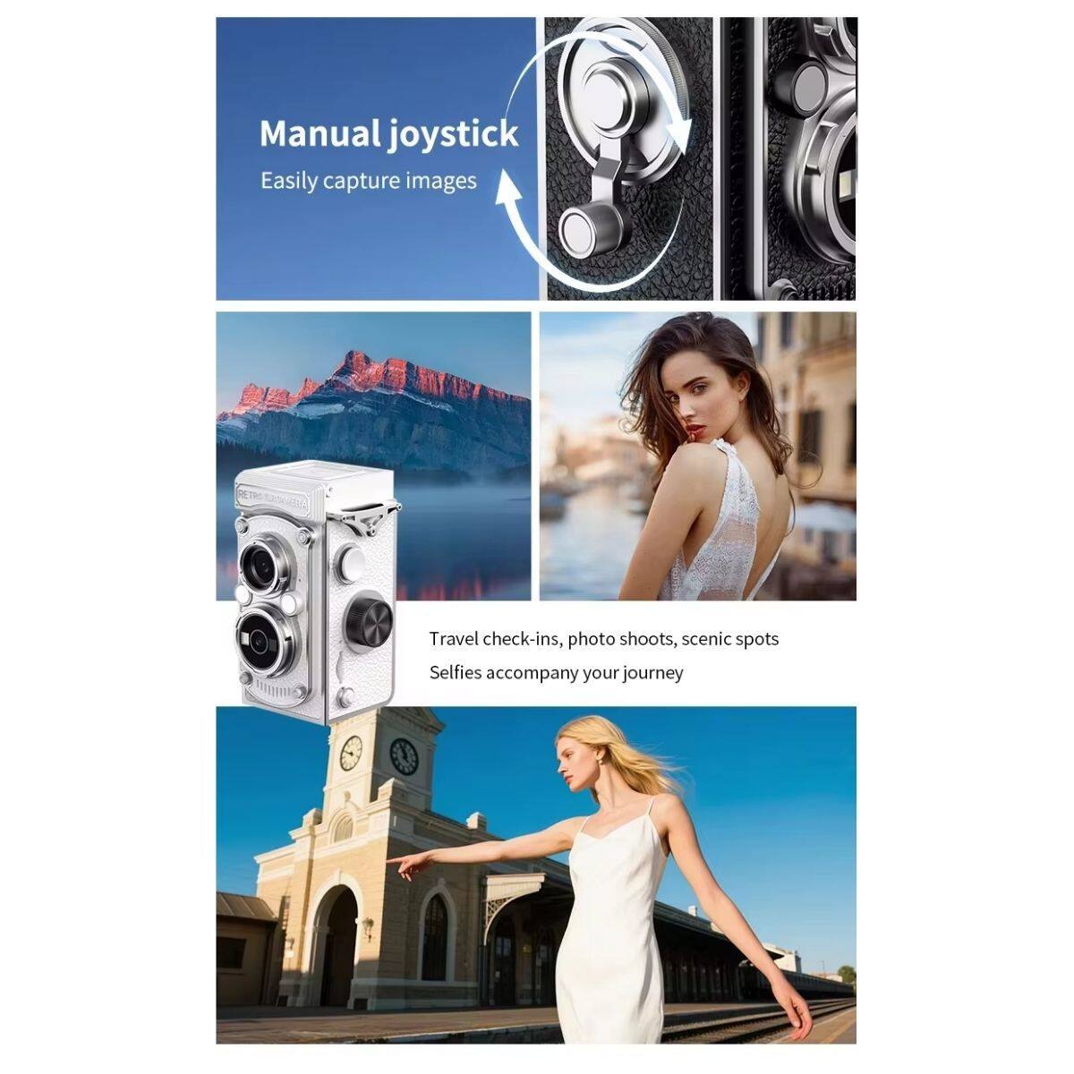 Manual joystick  
Easily capture images  

Travel check-ins, photo shoots, scenic spots  
Selfies accompany your journey