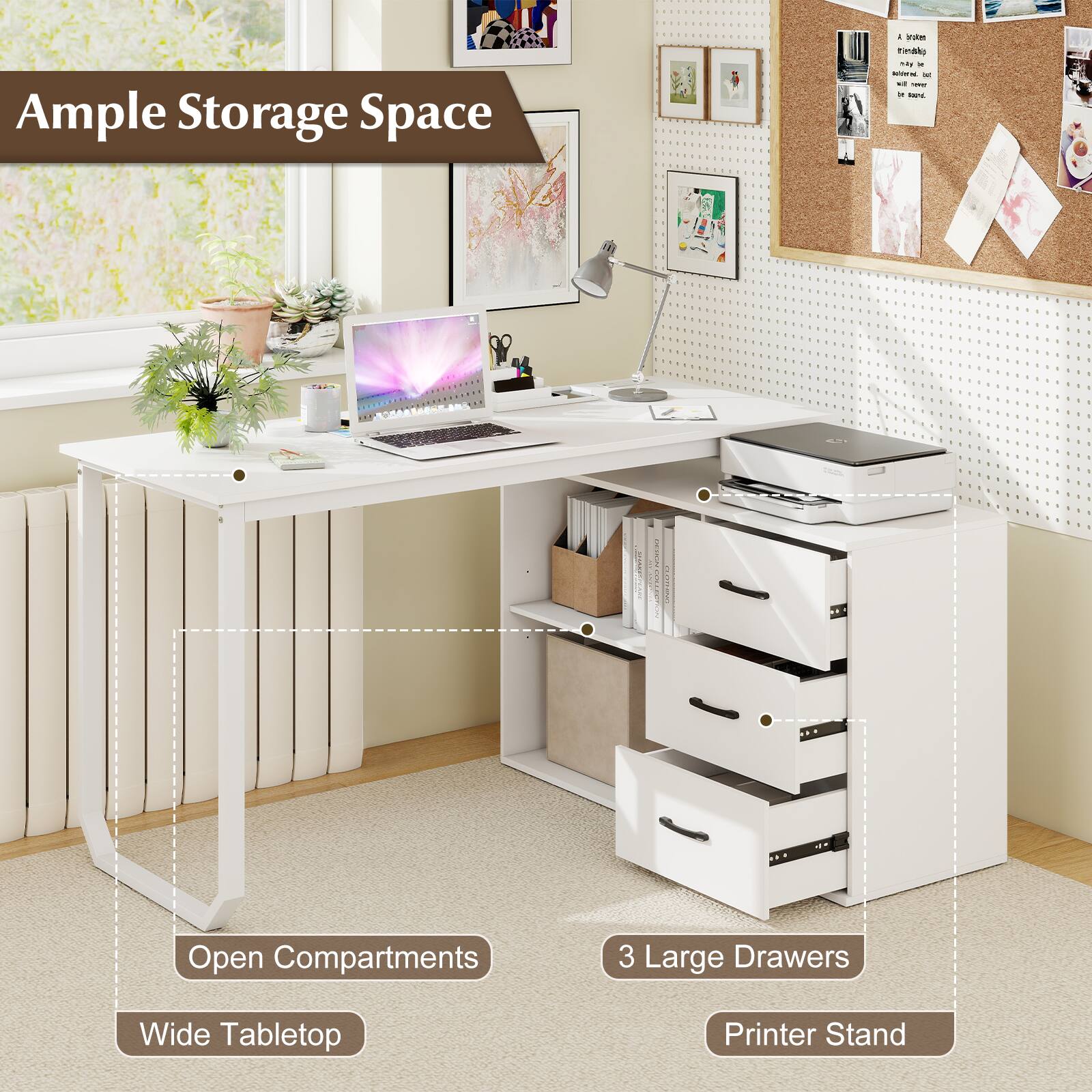 Ample Storage Space

Open Compartments

3 Large Drawers

Wide Tabletop

Printer Stand