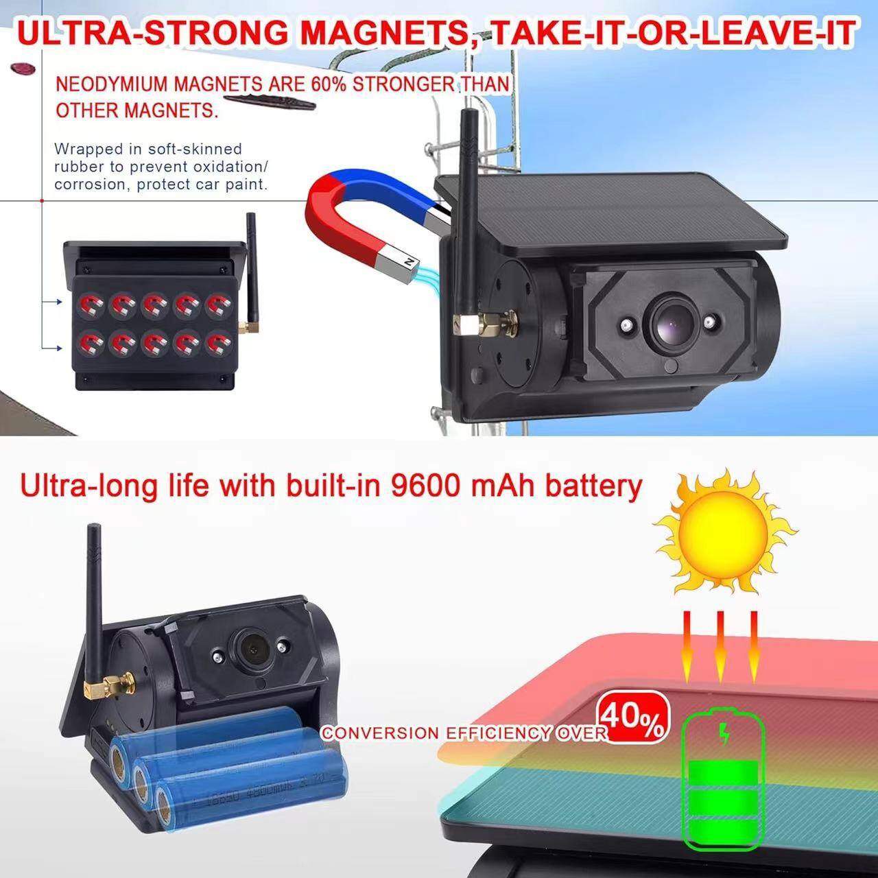 ULTRA-STRONG MAGNETS, TAKE-IT-OR-LEAVE-IT

NEODYMIUM MAGNETS ARE 60% STRONGER THAN OTHER MAGNETS.

Wrapped in soft-skinned rubber to prevent oxidation/corrosion, protect car paint.

Ultra-long life with built-in 9600 mAh battery

CONVERSION EFFICIENCY OVER 40%