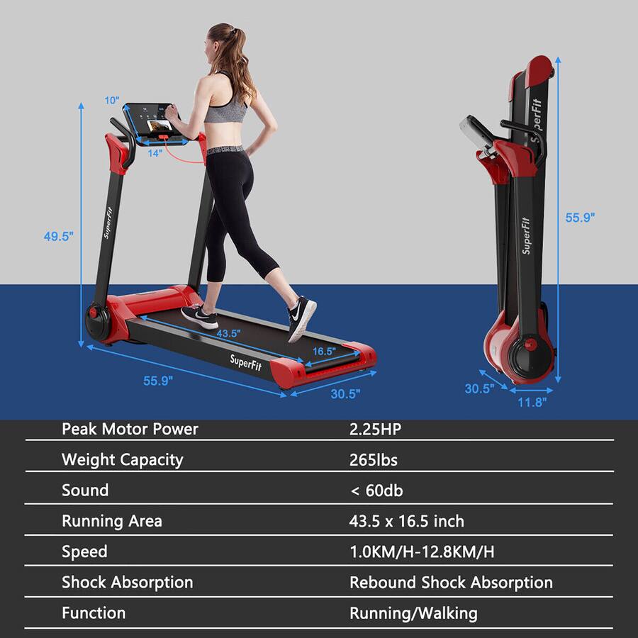 Running Machine Dims Gymax Folding 2.25HP Electric Treadmill Running Machine w/ LED Display ...