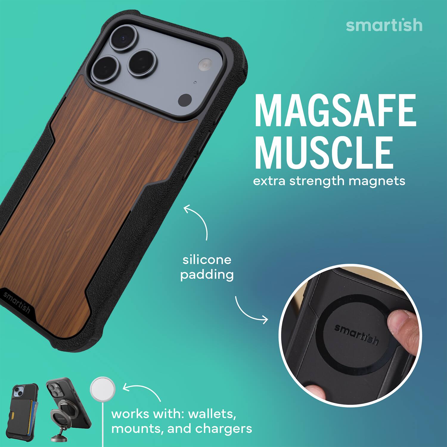 smartish MAGSAFE MUSCLE extra strength magnets  
smartish silicone padding  
smartish works with: wallets, mounts, and chargers