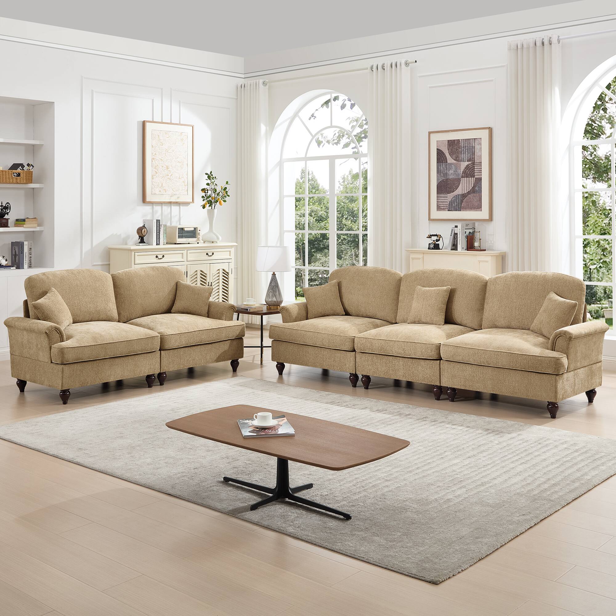 Angle. Anysun - Classic 2-Piece Chenille Sofa Set (3+2 Seat Sofa) - Flared Arms, Ruffled Skirt & Spindle Legs for Living Room - Coffee.