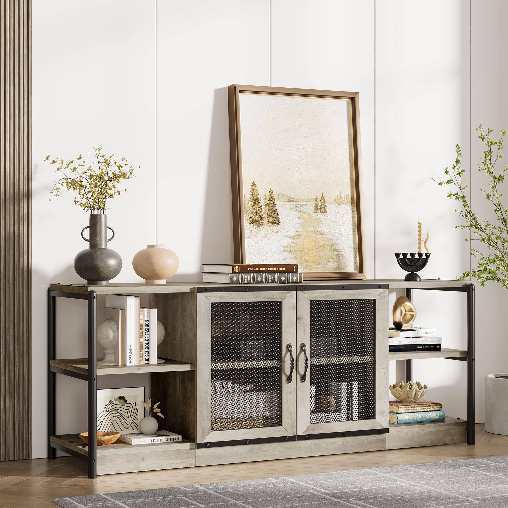 Jojoka - 63" Farmhouse TV Stand for 65/75 Inch TVs, Industrial Entertainment Center with Mesh Doors & Storage - Gray