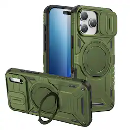 Dteck - For iPhone 18 Pro Max Rugged Case with Camera Sliding Lens Cover, Heavy Duty Shockproof Magnetic Ring Stand Cover - Armygreen