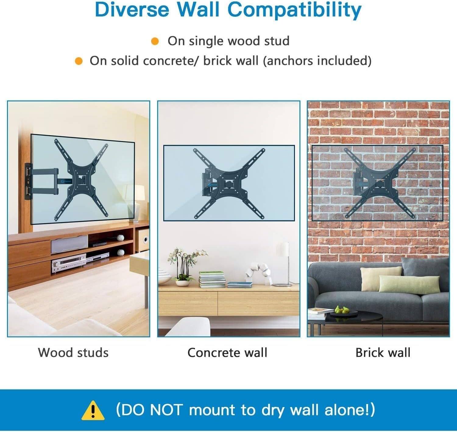 Diverse Wall Compatibility

- On single wood stud
- On solid concrete/ brick wall (anchors included)

Wood studs
Concrete wall
Brick wall

! (DO NOT mount to dry wall alone!)