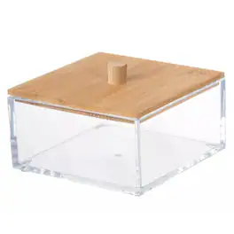 Elle - Cosmetic Organizer with Bamboo Lid, Clear Square Acrylic Makeup Cotton Ball & Swab Storage Box, Multi-purpose Organizer - Clear/Natural Bamboo