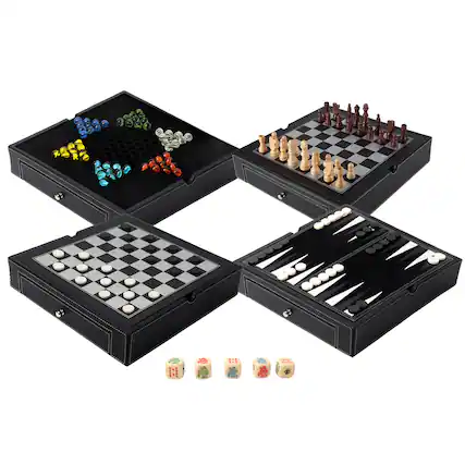 Front. GSE Games & Sports Expert - 12.5" Premium Leather 5-in-1 Chess, Checkers, Backgammon, Poker Dice and Chinese Checkers Board Set.