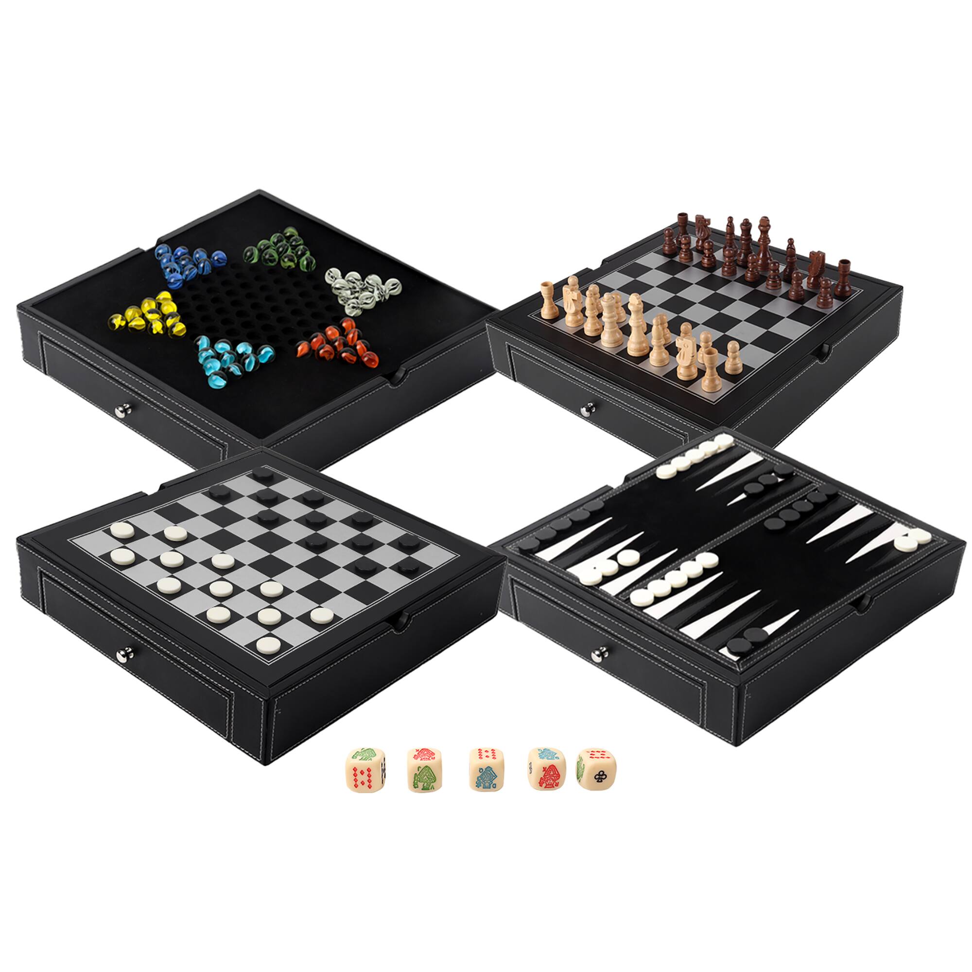Front. GSE Games & Sports Expert - 12.5" Premium Leather 5-in-1 Chess, Checkers, Backgammon, Poker Dice and Chinese Checkers Board Set.