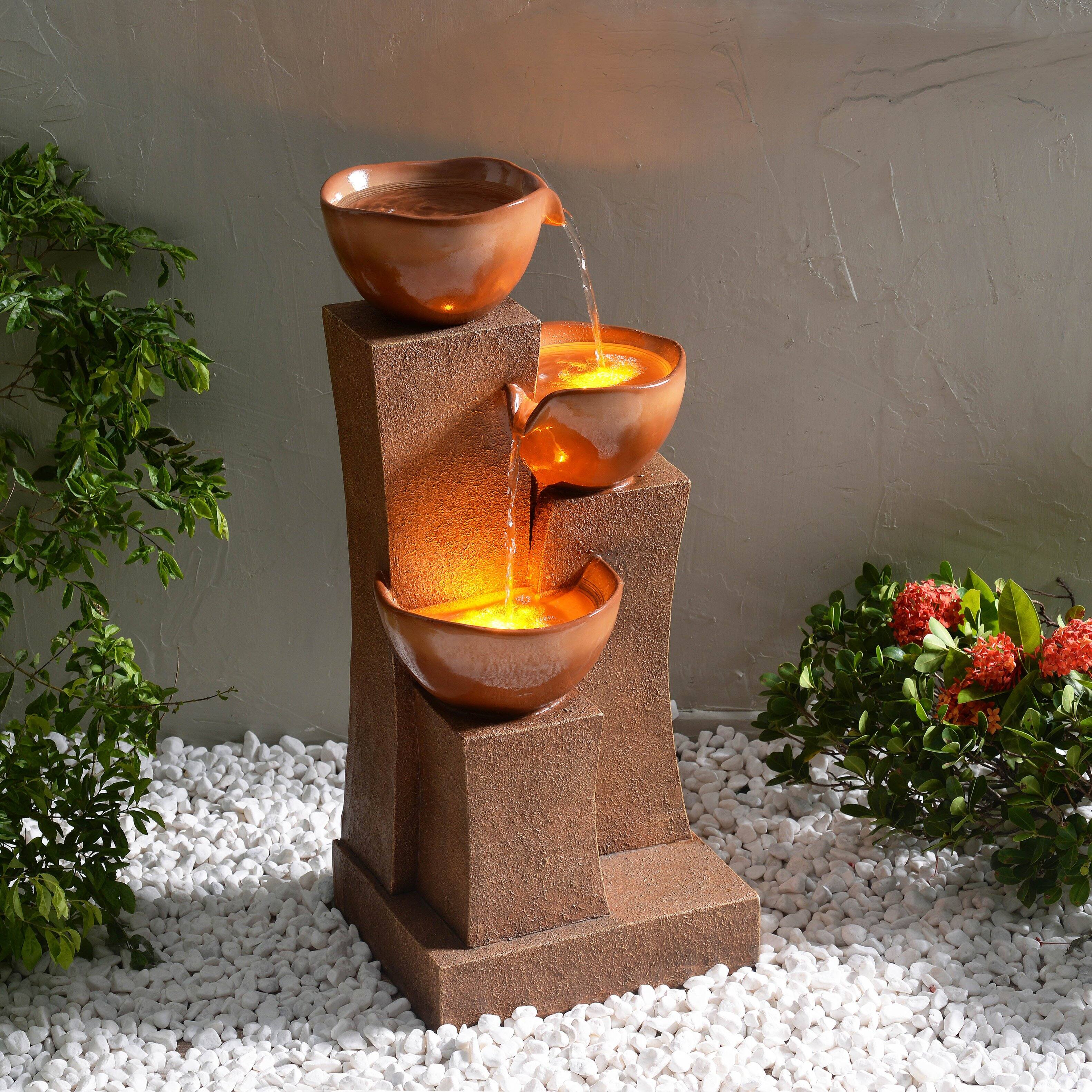 Front. Teamson Home - Teamson Home 28.54" 3-Tier Outdoor Water Fountain with LED Lights, Brown.